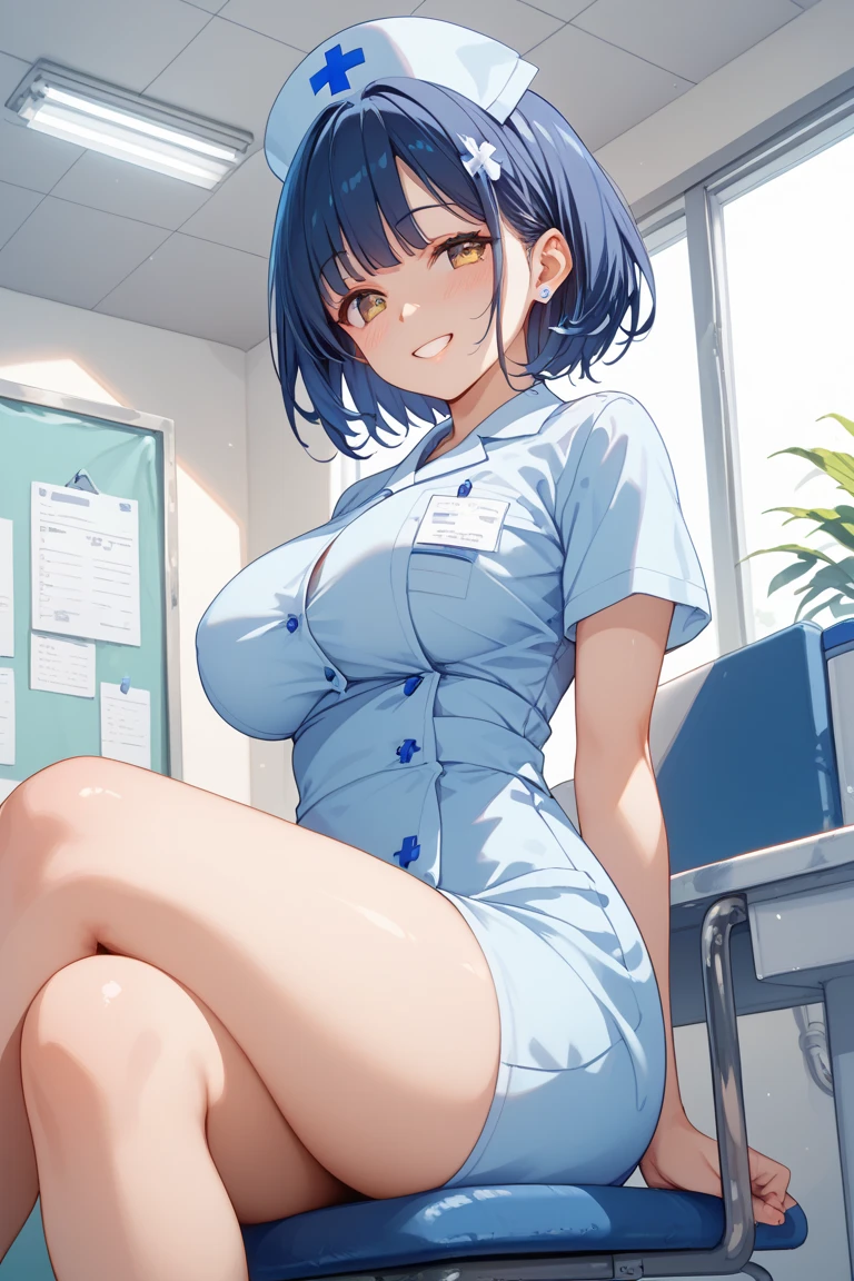 ((Tabletop, highest quality, High resolution, , Pixel Perfect, 4K,))), 1 female teacher, single, alone, beauty、The whole body is visible、 ((Mid-wave hair, bangs, Brown Hair)), ((Brown eyes, Beautiful eyelashes, Realistic eyes)), ((Detailed face, Blushing:1.2)), ((Smooth texture:0.75, Realistic texture:0.65, Realistic:1.1, Anime CG Style)), Center of chest, Dynamic Angle, Perfect body, (( , , Wearing a white coat、Female doctor、、, 、))、、Very embarrassing panic smile, 、black flared skirt、classroom、Sit on a chair、Lifting her skirt to show her panties、、(Showing off her white and pink floral lace panties、)、Angle from below)、