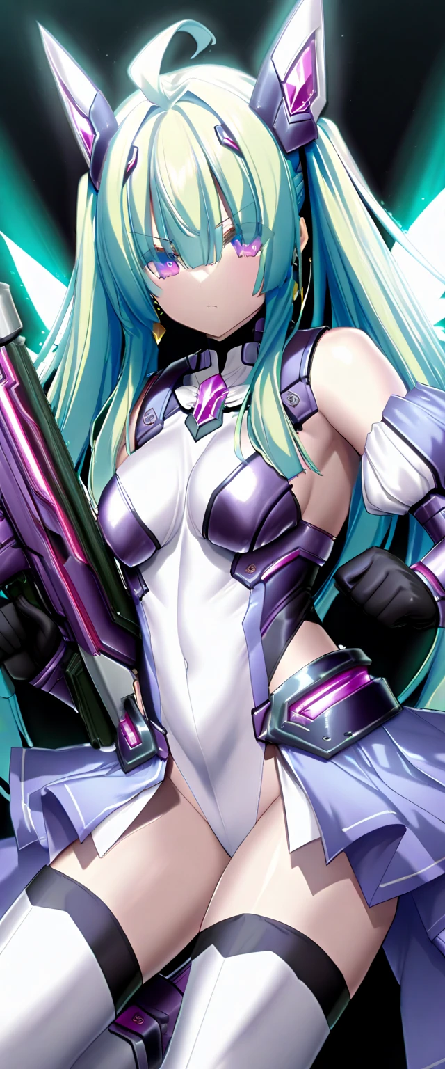 rainbow colored hair, expressionless, neat white uniform, holding a sword, very large breasts, long straight hair
