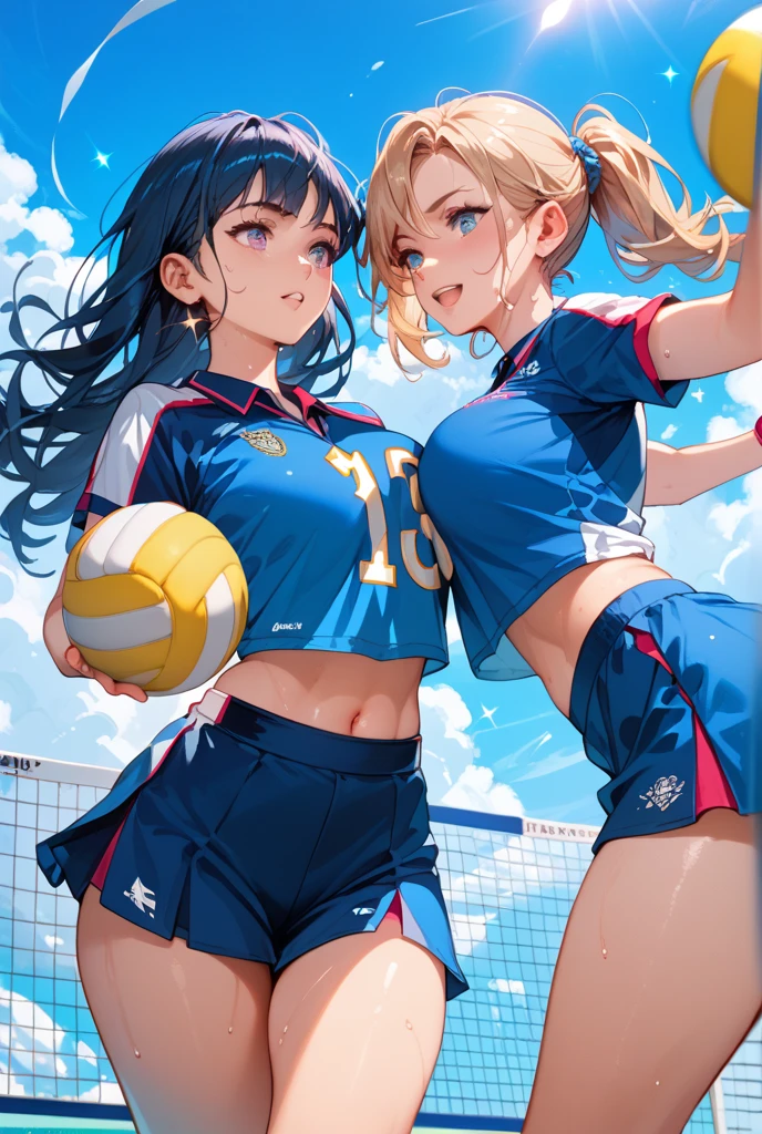 unity 8k wallpaper, anatomically correct, (((masterpiece))), (((best quality))), (((ultra detailed))), (((high-resolution))), ((super fine illustration)), detailed beautiful face, BREAK, ((2girls)), ((couple)), cheek-to-cheek, ((yuri)), 18 years old, ((potbelly)), (curvy), medium breasts, ((Thick thighs)), shiny hair, ((evil smile)), (((smirk))), ((blush)), BREAK, (((sports bikini))), swim wear, (beach volleyball uniform), ((wrist bands)), ((kneepads)), two female beach volleyball players, BREAK, ((hold the Beautiful spherical shape 6-inch volleyball )), stylish pose, ((sweat)), (perspired), (heavy breathing), sense of depth, ((in beach volleyball court)), lighting, from below, ((looking at viewers)), cowboy shot, couple focus