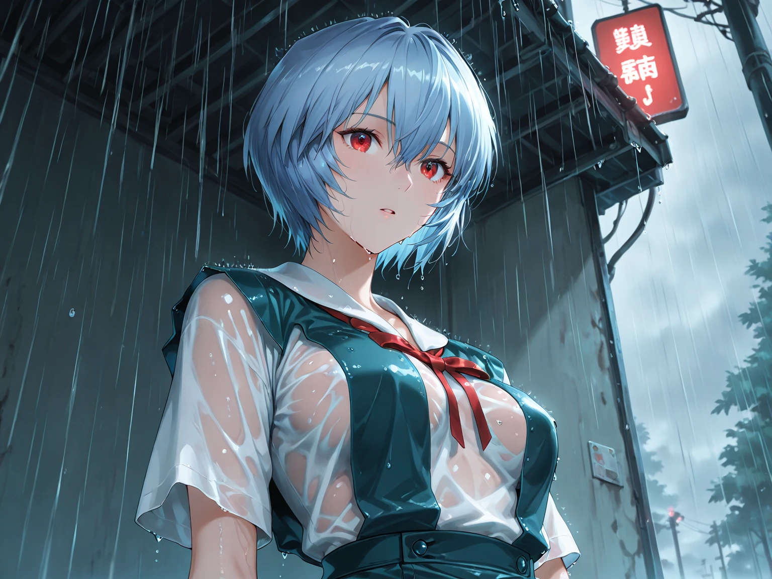 A girl.Night. moon. Moonlight. Dark. Best quality. Red eye.whiteblue hair. Middle hair. Rain. Rainning.  Water. Bra. Withoutcloths