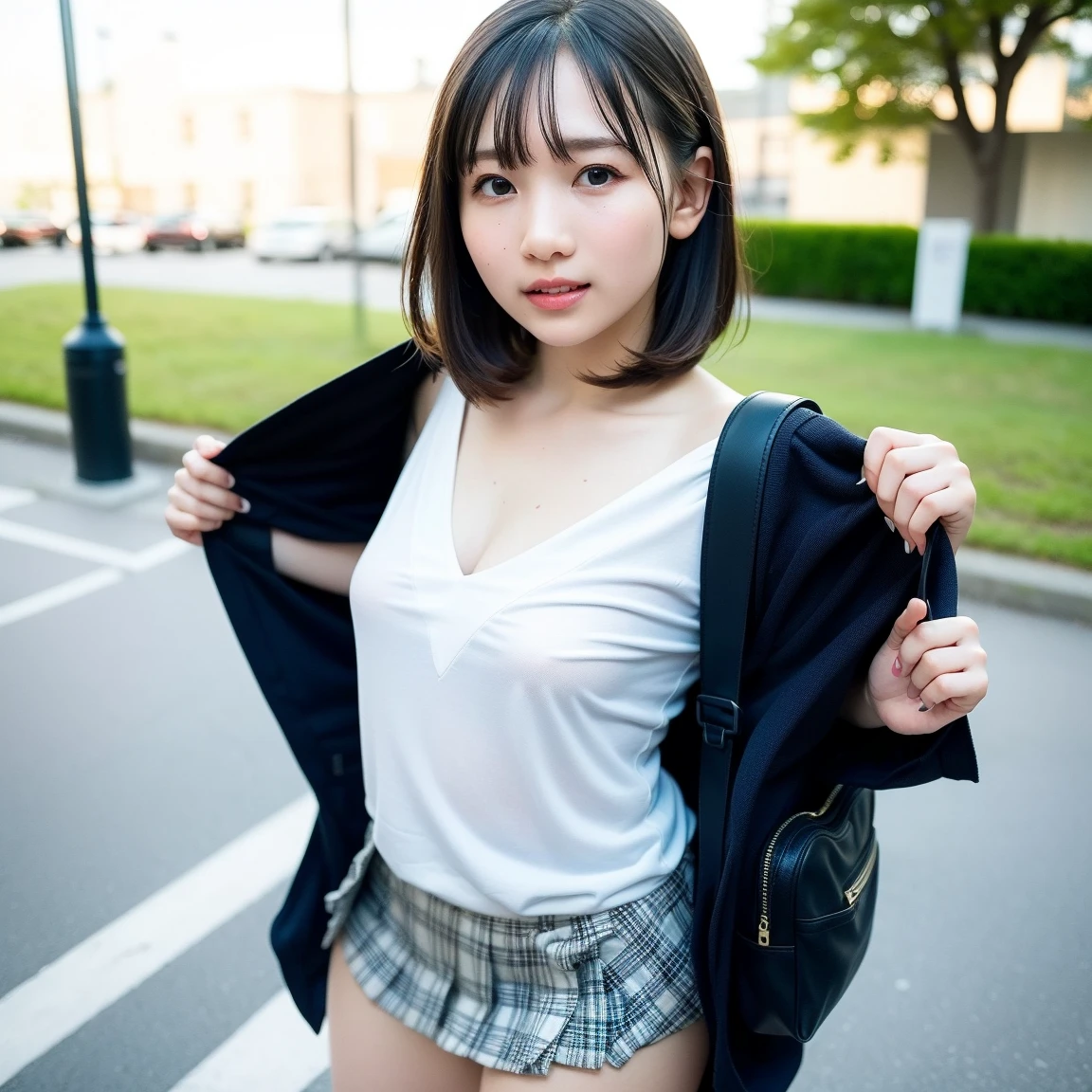 Lift up your shirt、((Japanese 、Downtown Kyoto、walk、Upper Body、Light blue shirt、mini skirt、Knee-high socks、loafers、Black Backpack、Photograph the whole body))、(Realistic、Realistic、Very detailed、Highest Detail Skin、Highest quality、masterpiece、Ultra-high resolution)、Cute Japanese Woman、17 years old、One Girl、With bangs,Capturing the subjective mind, POV hands, Grab your chest, ((smile))、((I can see your chest)),((Looking into the camera)), (beautiful, Detailed and realistic nipples),