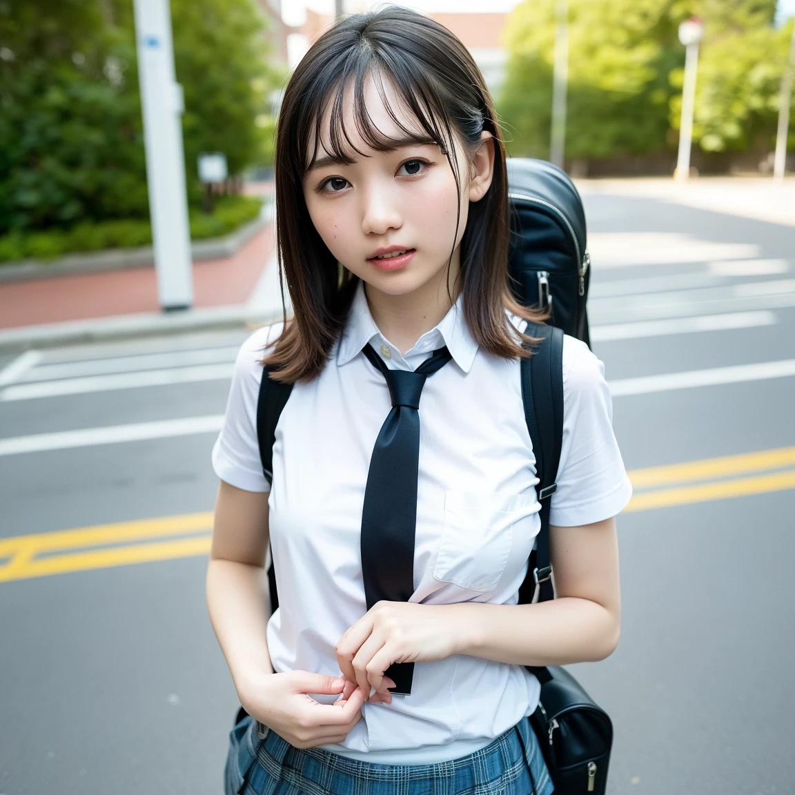 8K、Ultra-high resolution of the highest quality、Beautiful face in every detail、Realistic human skin、Gentle expression、front-facing view、angle from bellow、length hair、realisitic、Photorealsitic、Cute short skirt、Cute high school girl crouching deep in the city、Japan schoolgirl wearing uniform、surreal high school girl、full bodyesbian