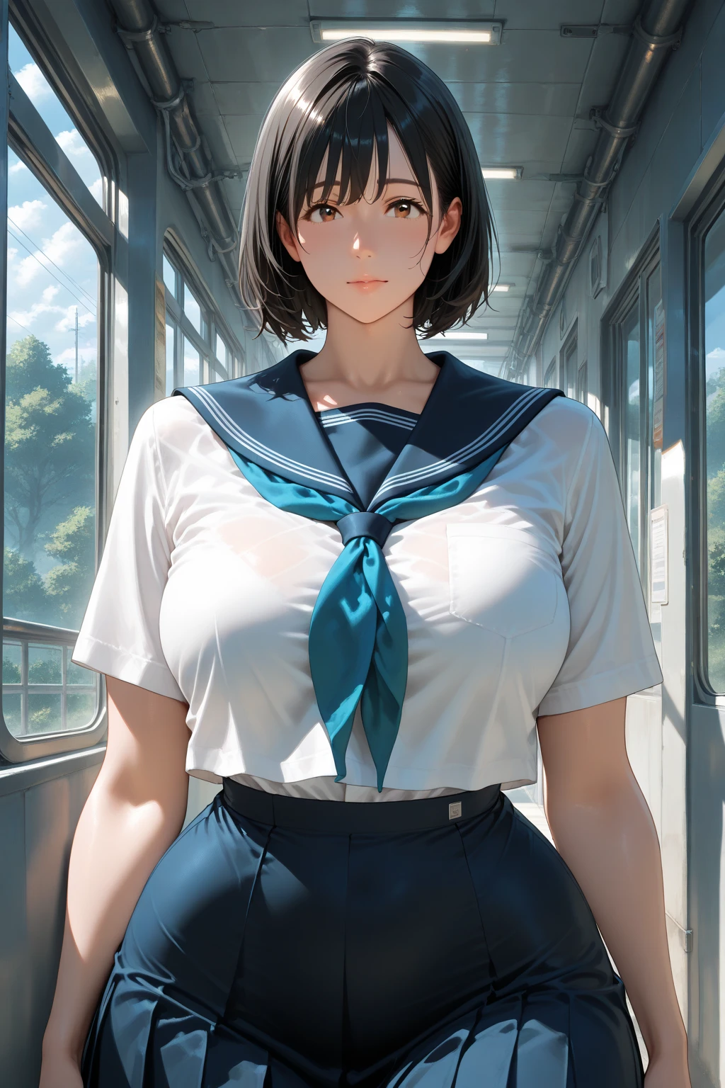 best quality, masterpiece, highres, solo, {tsuchimiya_kagura_gareizero:0.90}, 1girl, anime_coloring, parody, Rubbing your stomach , serafuku, Highway, Pregnant 