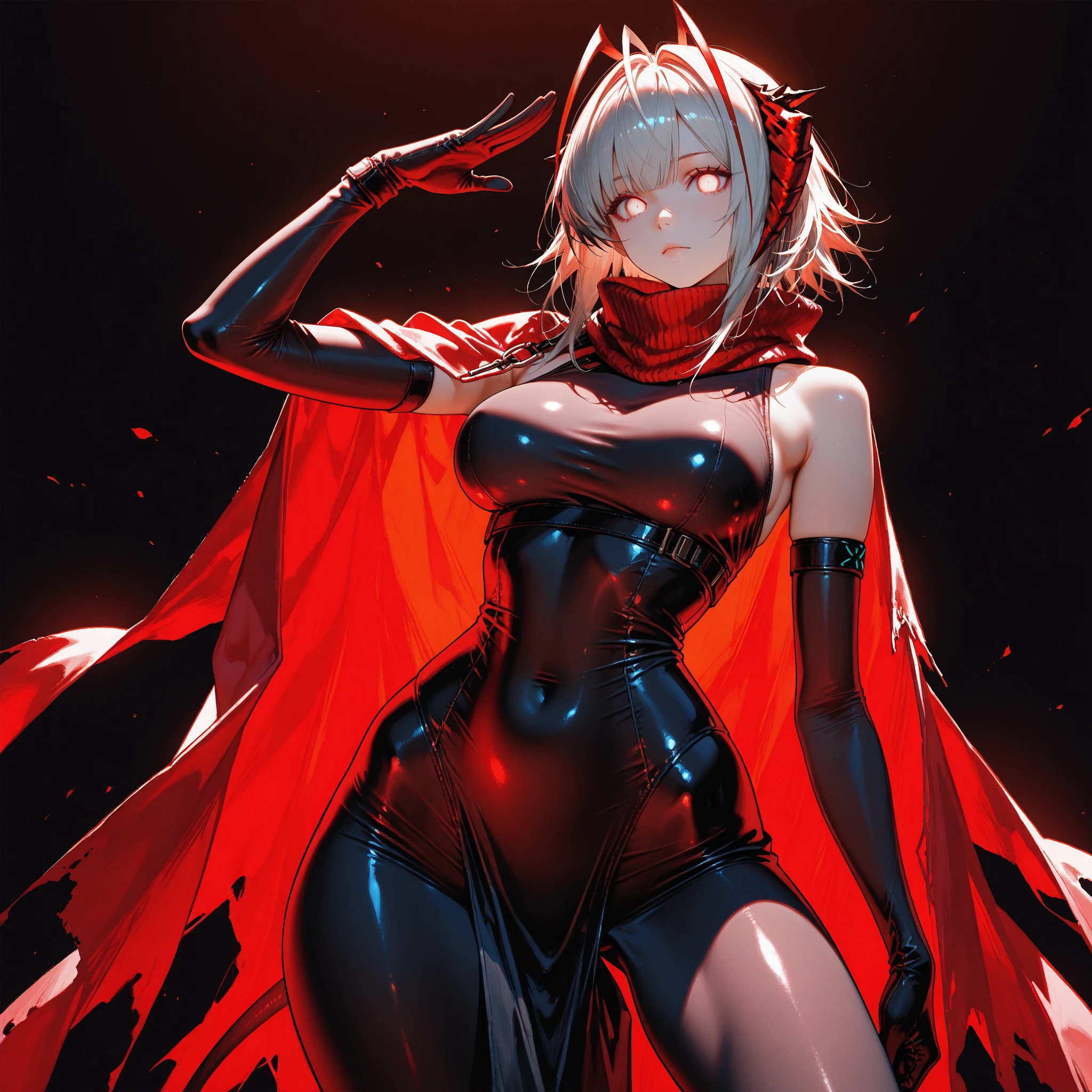 masterpiece, best quality, 8K, Digital painting, 1 girl, solo, stand up, youth, White hair, long white hair, red eyes, round pupils, Emotionless expression, dark sky background, Surreal, jumpsuit, Long black gloves, One-piece Pants, tight latex bodysuit, Highlight her graceful figure,wrap the whole body, ((Raised sexy)), jumpsuit, Long black gloves, One-piece Pants, Black latex clothing, Blood-red eyes, best quality, High resolution, Super detailed, Vivid textures, mask, tight latex bodysuit, Bangs,
