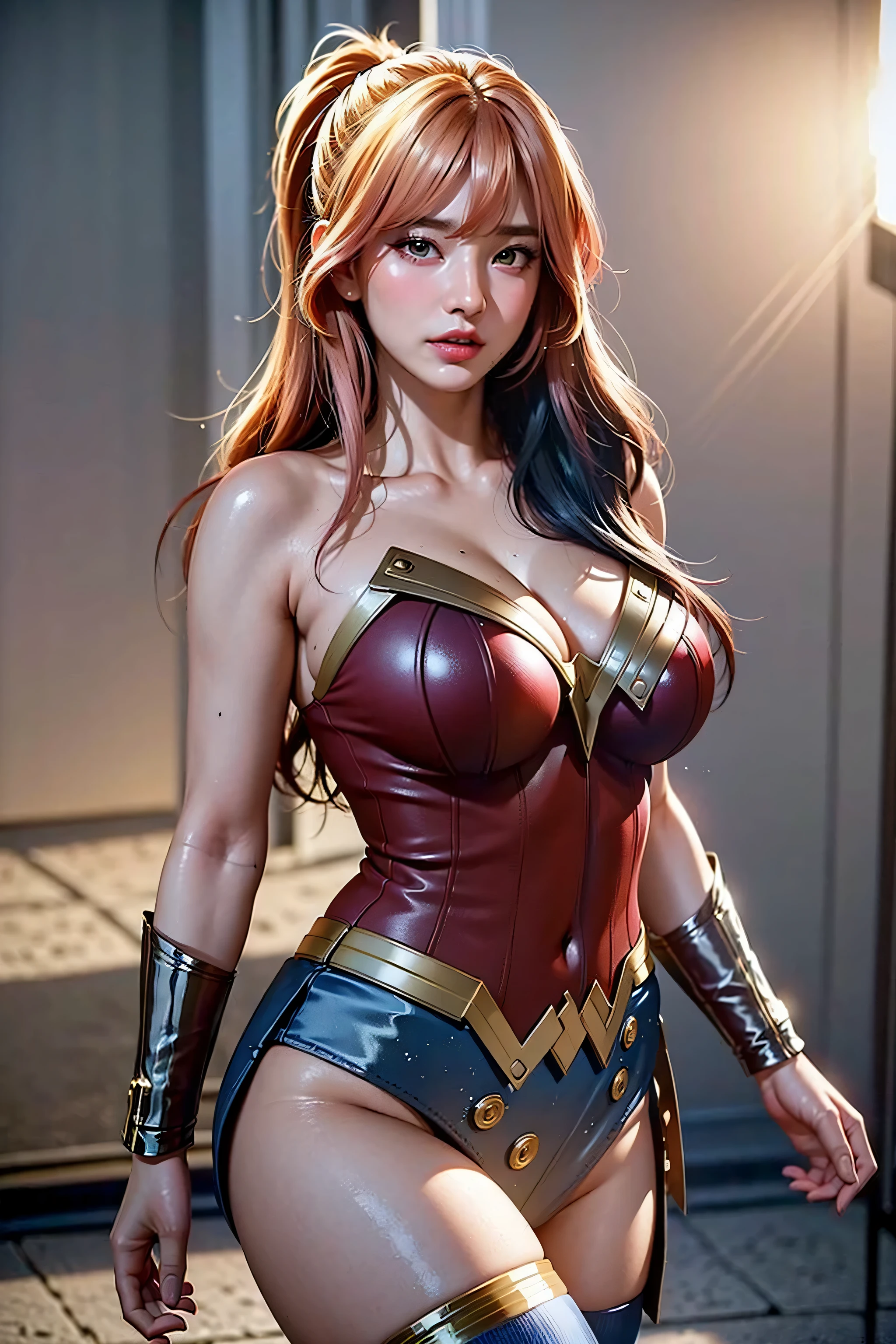 1 woman, long hair, large breasts, ((detailed eyes:1.2, brown eyes)), ((superhero outfit, fishnets, underboob)), nsfw, sexy, sensual, masterpiece, top quality, best quality, official art, beautiful and aesthetic:1.2), extreme detailed, colorful, highest detailed