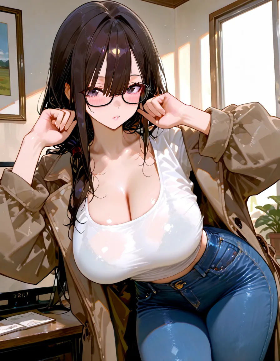 mature woman,gentle mature face,modest mature housewife,round glasses,black hair,at rich home,curvy,straight hair,oval face,on bed,string thong,.open-brassiere,oval face,glossy lips, blushed,wet skin,