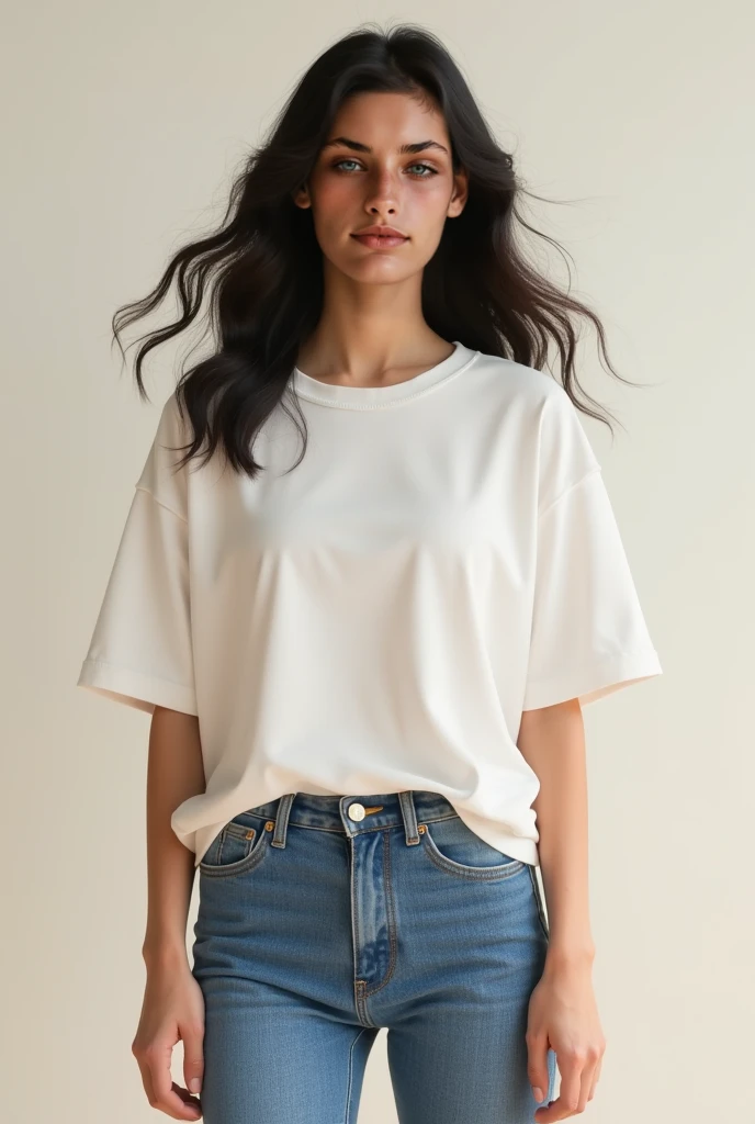 Generate an image of a professional-looking model wearing a plain t-shirt with no design or text. The model should be shown in a full pose, presenting a professional demeanor. Ensure that the surroundings feature professional lighting to highlight the model and enhance the overall quality of the image. The background should be neutral and complementary to the t-shirt, emphasizing a clean and polished look
