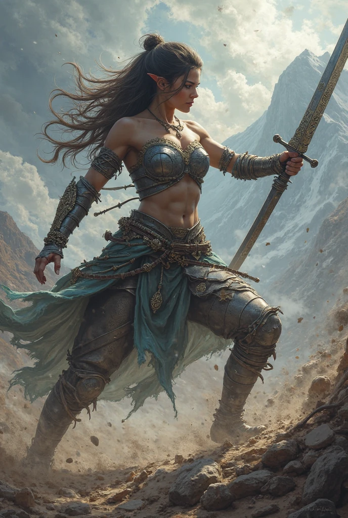 Create an image of a muscular woman with short black hair and yellow eyes in anime style with an angry face 1.80 meters in medieval clothes and holding a large sword larger than her resting on her shoulder on a battlefield