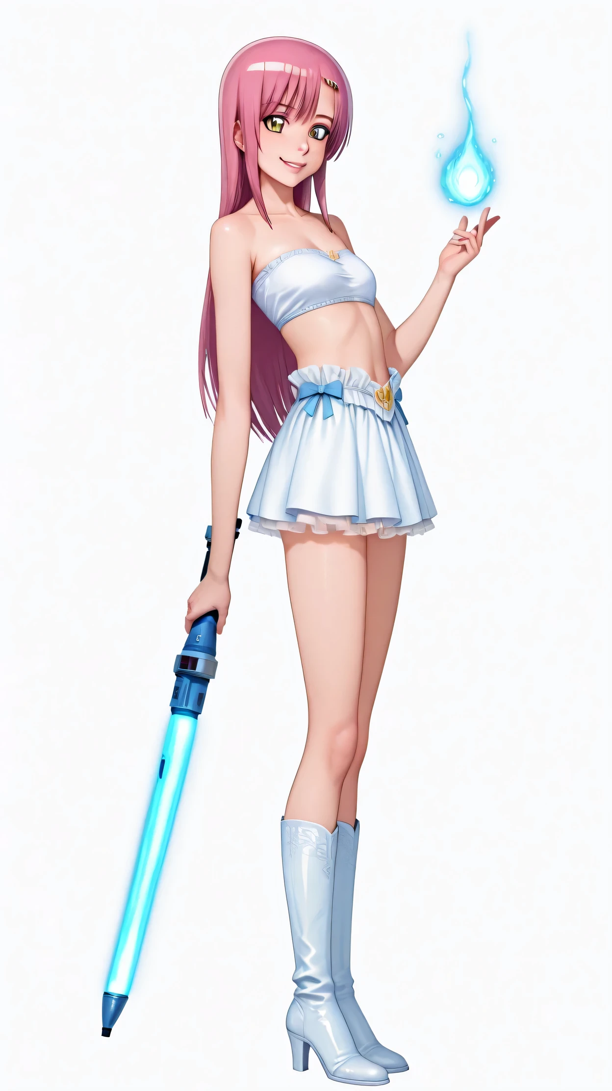 1 girl, ,hinagiku katsura, pink long hair, yellow eyes, sweet smile, white Bandeau Bralette , white mini skirt, white high heels boots, full body, standing up, masterpiece, dakimakura, Padawan, holding a lightsabre, blue lightsabre in hand, portal behind her, lip gloss