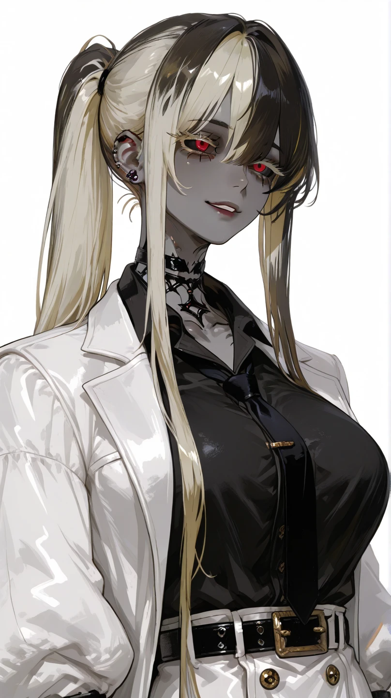 In general detail: very detailed, highly detailed, exceptionally detailed, exceptionally detailed, top quality, 2.5D works, a girl, single, beautiful hands, perfectly beautiful hands, summer school uniform: plain dark gray skirt with a lot of pleats: 1.4, red necktie with a pattern: 1.3, short sleeves, white shirt with white buttons, not ???? (?????????????????): (-1.5), facial expression: a small smile at the corner of the mouth, enchanting gaze, posture: standing, posing cute and charming, looking at the audience, character traits: slender, Kawaei, perfectly balanced face, soft pinkish cheeks, extremely cute girl, extremely cute face, exceptionally detailed facial features, exceptionally detailed hair, extremely cute, extremely beautiful, background: deserted city, midnight, dark, deep focus background, additional physical features: medium to large ?????, slim, large ????, well-rounded thick thighs, long slender legs, hairstyle: (Aho-ge: 1.2), (short bob with side ponytail, left side gathered hair, hair between the eyes, black/white hair), red/pink eyes."