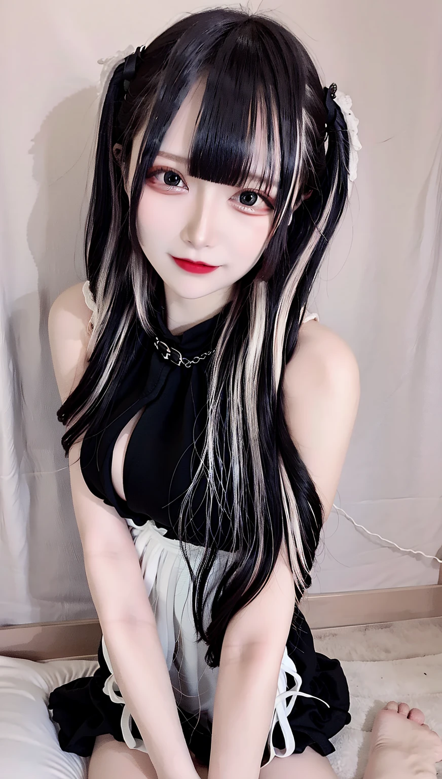 {black_white_pink_multicolored hair}, long hair, wavy hair, {school unform}, {pencil_skirt},necktie, 17-year-old female,masterpiece,high quality,intricate details, light skin, Brightly shining hair, (skinny:1.2),best quality, cute girl, Distinct image, {full bangs},blunt bangs,narrow waist,looking for viewer,dark double eyelids, Aegyo-sal under dark eyes,seductive smile,skin tight, {aegyo sal}, seductive smile,(ribbon decoration in hair),cleavage,stocking,slender,slender_stomach,Thin_lips,Red_eyes,contrapposto,compression_shirt,littleshort,korean, kpop_idols,
