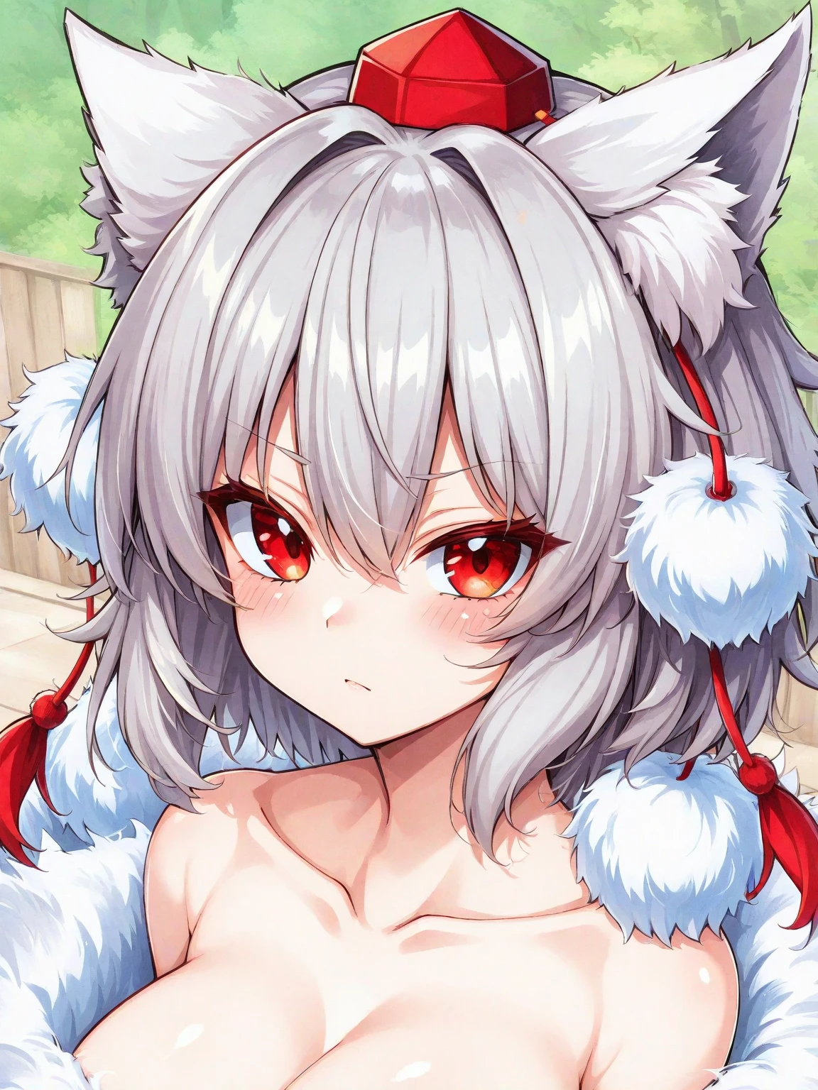 Masterpiece,High quality,abstract res,Digital painting\(artwork of a\), by Dagasi, Yupa,Kiyosan,(anthro,Fluffy fur,Character focus:1.1),anthro female cat,Long hair,Portrait , eyes with brightness, closeup cleavage,leges，Character focus.(detailedbackground:0.7), 独奏, shaggy, Furry female, female focus, anthr,(Full Body Furry, Fluffy tail, White fur, red color eyes, Gray hair:1.2), (long canines、swimming uniform），（interiors：1.3）On the beach