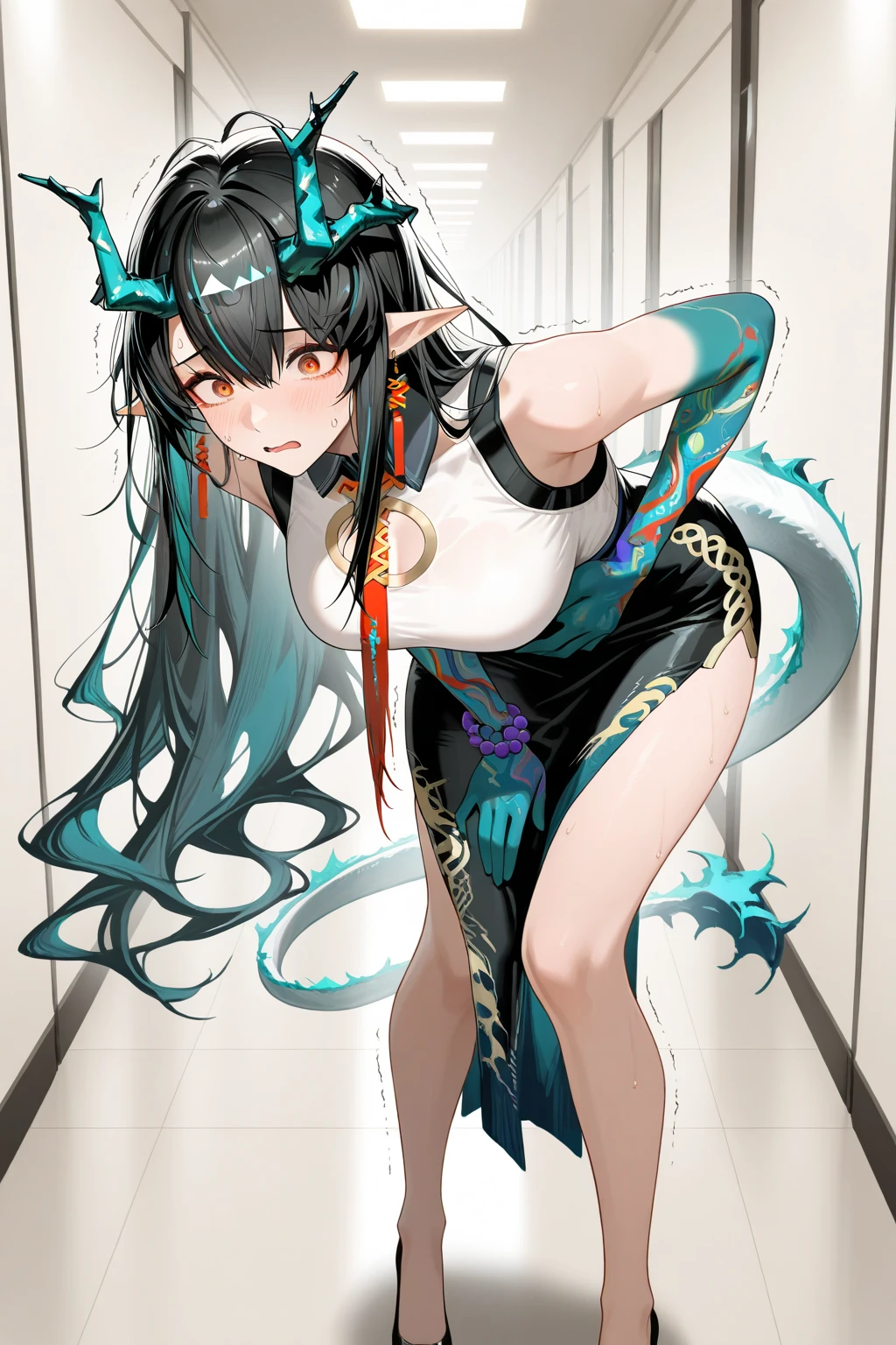 ultra-detailed,(best quality),((masterpiece)),(highres),original,extremely,<lora:durkx_xl:0.8>,dusk (arknights),official alternate costume,from behind,looking back,dragon,sleeveless,bare shoulders,sex,bare,