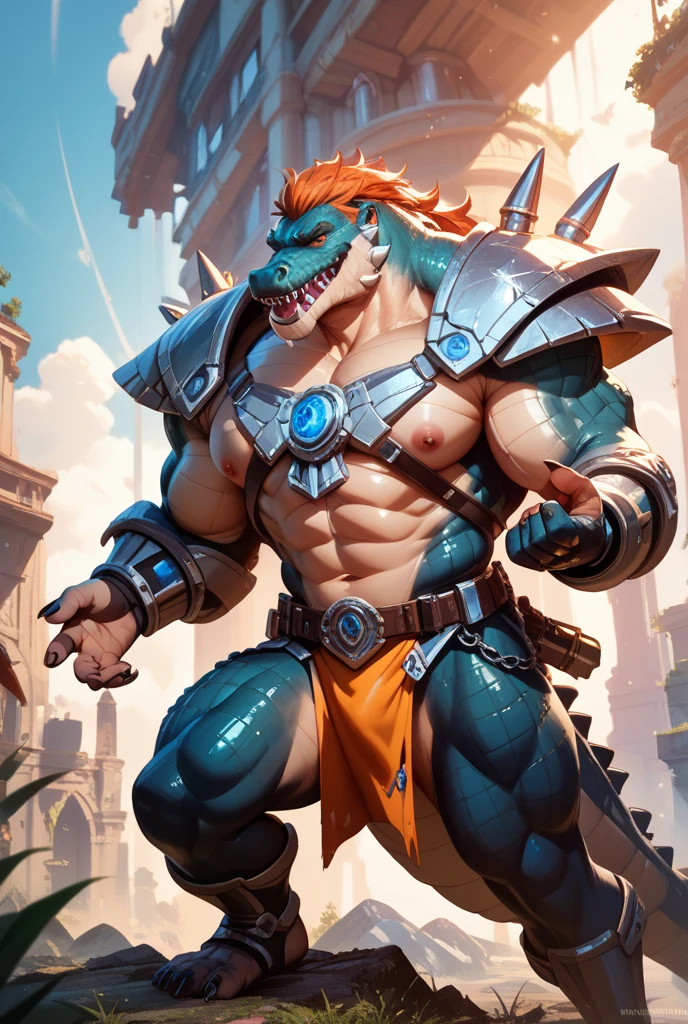 solo, anthro, furry, furry male, Alligator, ((spiny scales, scale, detailed muscles)), (Dinosaur print), orange body, yellow abs, tan chest, snout, green eyes, tail, detailed teeth, detailed face, detailed scales, detailed face, mono-colored body, glowing scales, detailed eyes, padded armor, tribal wear, armor, barbarian attire, full body, claws, (oasis), (by null-ghost,by raccoon21, masterpiece, high quality, hi-res,8k), standing,close-view portrait, looking at viewer, outdoor, aggressive, angry, raging, menace, detailed sky,