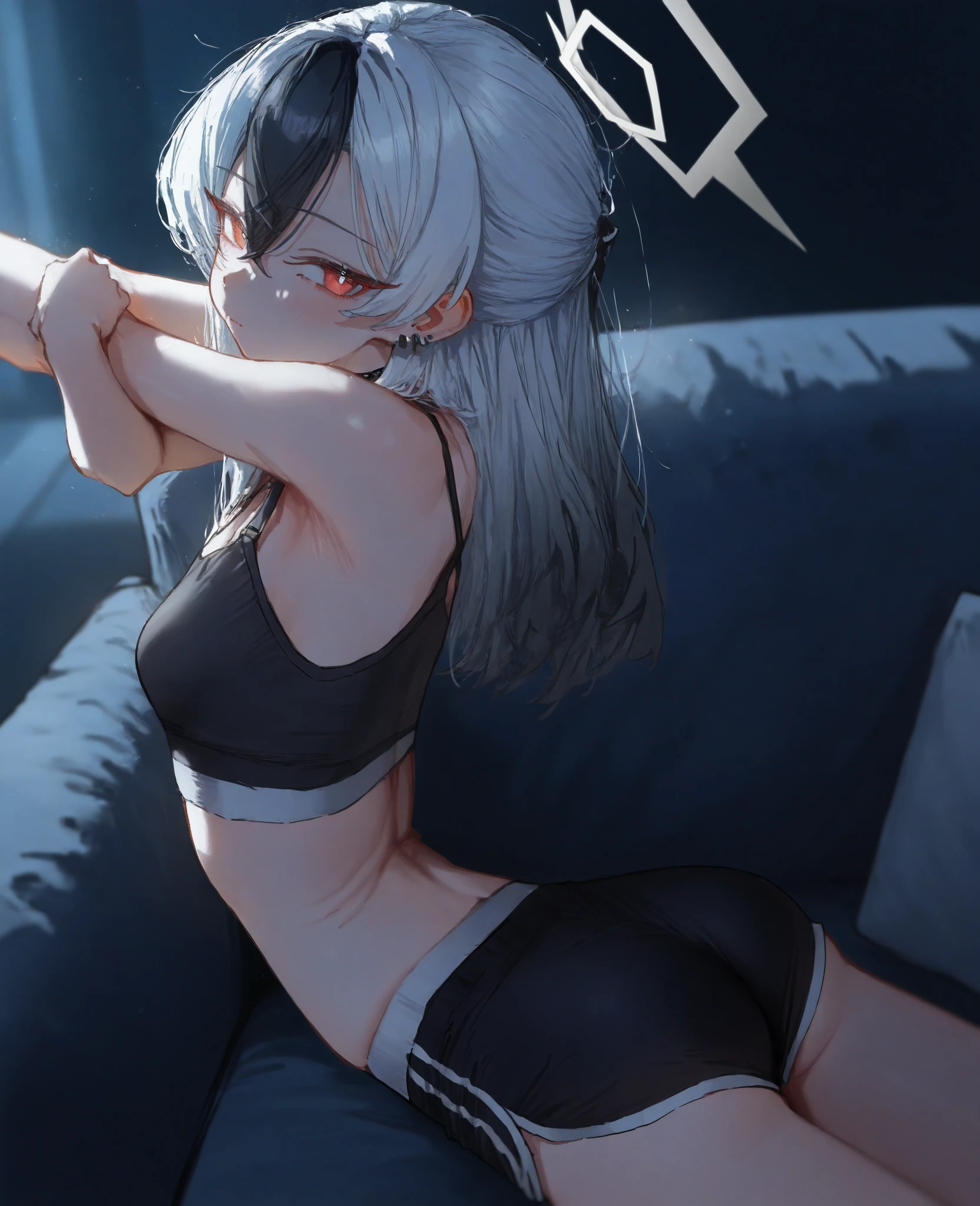 (masterpiece), (best quality), 1girl, solo, (Nu-13), red eyes, white hair, braid, ahoge, eyepatch, yoga pants, tank top, sports top, gym