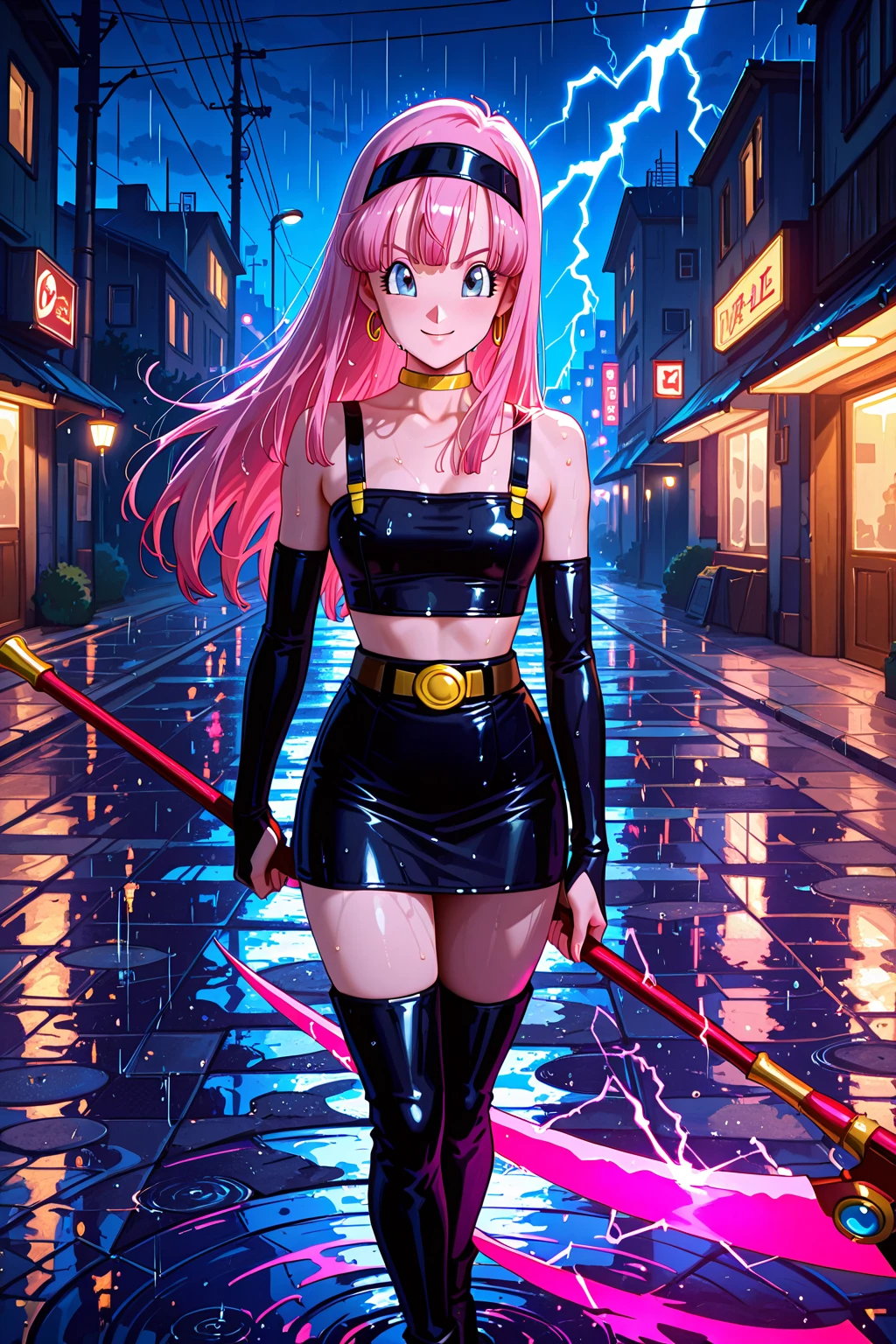 (masterpiece, computer, mejor quality, Clear focus, shadow, Anime style, Ultra high resolution, 8K, perfect anatomy, perfect face, (detailed face), ( Detailed eye ), score_9, score_8_above, score_7_above, score_6_above, score_5_above, score_4_above, source _animated, Label 1, Label2, quality_masterpiece, Anatómicamente correcto, beautiful face, perfect face, Beautiful and highly detailed face and eyes, Attractive face, detailed face, Delicate facial features, detailed skin, huge breasts, breast size cup D or DD, wide hips, gigantic butt, thick thighs. looking at the viewer. Anime-style illustration of a beautiful woman with an elegant and sensual look. An attractive and voluptuous young anime woman with marked curves in a sensual and powerful style with a seductive look with bright pink long hair in two high ponytails, wearing pink ribbons. Is on your back, standing in the middle of a wet street on the Rain in a futuristic and cyberpunk city at night. The girl wears a provocative and stylish outfit: a short black top with turquoise details, a miniskirt with dark ruffles with neon reflections, long gloves and tall black tights with technological details. She wears turquoise high heels. The environment is illuminated with neon lights in shades of pink, blue and purple. Tall buildings with Japanese signs shine around her, and drones or flying cars are seen in the sky. The atmosphere is rainy, with colorful reflections on the wet ground. detailed style, futuristic realism , Cyberpunk Aesthetic.