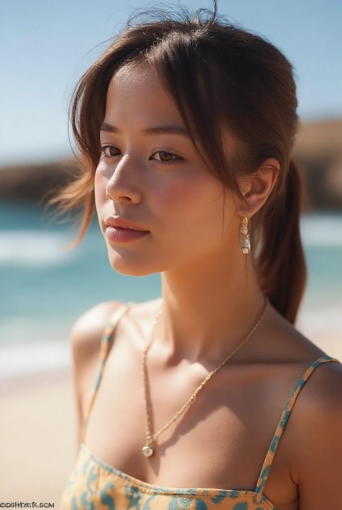 Realistic, Photogenic, With the sea in the background, Wearing uniform, Top button of the shirt is undone, The chest is slightly exposed, the skirt is short,、Slightly above the thighs, Mid-length hair, Hair color is a blend of blonde and brown, Hair blowing in the wind, My hair is messy and disheveled, Severely sunburned skin, Slender figure, Skinny Chest, Bold, bright makeup, Small Mouth, Small Nose, Smooth jawline, Glossy face, Cheeks stained red, Open mouth and big smile, Making someone feel comfortable, Detailed eyes, Oblique eyebrows, Detailed lips, Close-up photography, photoRealistic, Very detailed, 8k, Highest quality, masterpiece, Vibrant colors, Dramatic lighting, Structure of the film, Digital Art、K-Pop Girl