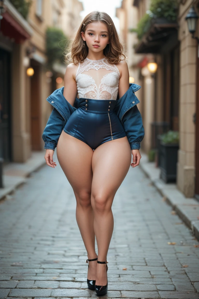 Create a dynamic urban portrait of the Malay woman in contemporary streetwear, very short white pixie cut hair, big breast, wide hips, big ass, thick thighs, capturing her confidence and style as she strikes a pose against the backdrop of a bustling city street