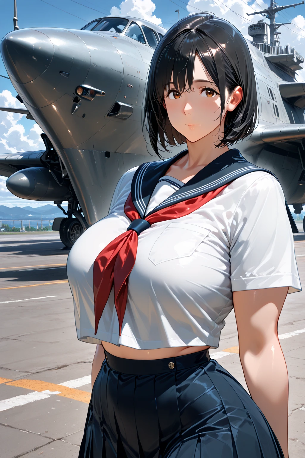 1womanl,33yo,熟妇,A MILF,extremely large bosom,Raised sexy,Pornographic exposure, 独奏,(Background with:The plane is in flight,Airliner cockpit,inside of a cabin,The cabin,Planes,)On the plane, She has short black hair,A ball head,Redlip,裸体少女,dynamicposes,seen from the front, hair straight, mostly cloudy sky,(((tmasterpiece),(Very detailed CG unity 8K wallpaper),best qualtiy,cinmatic lighting,detailed back ground,beatiful detailed eyes,Bright pupils,(Very fine and beautiful),(Beautiful and detailed eye description),Blue eyes,Redlip,ultra - detailed,tmasterpiece,)),facing at camera,(The upper part of the body),A high resolution,ultra - detailed),revealing breasts,Bare genitalia, Bulge,Leakage of the genitals,Incontinence,legs are open,sexyposture,Camel toes,Flushed complexion,frontage,stewardess,(Wearing:,a sailor suit)Bare ,Bare lower body,legs are open