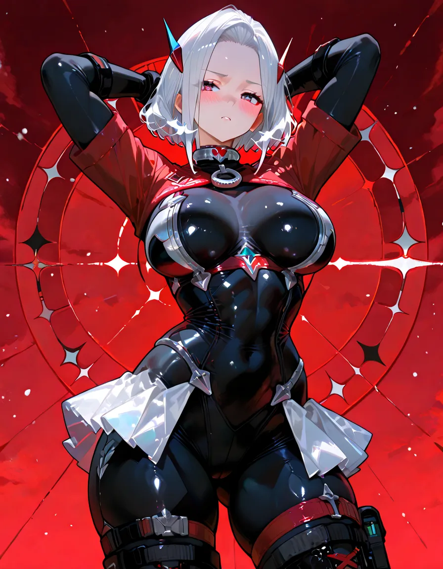 1girl, white hair, very short hair, red bodysuit, bodysuit, green eyes, futuristic, machinery, science-fiction, huge breasts, toned, breasts, thick thighs, smile, thighhighs, black thighhighs, ((black thighhighs)), neon trim, neon, neon lights, ((red bodysuit)), mature female, pantyhose