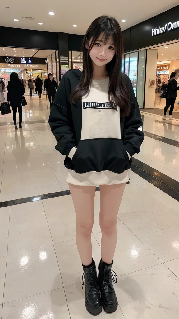 A Japanese milf, photo of one girl, Slender figure, Realistic teeth, wearing oversized hoodie, smile, full-body, masterpiece, best quality, detailed, beauty, Pub, indoor,