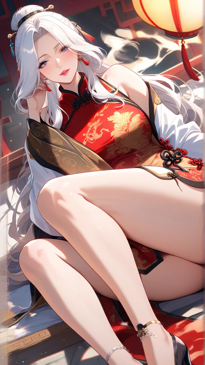 A female empress, white-haired, with yellow eyes, red nails, with notable physical characteristics, mostrando os peitos, legs open showing pussy, with an angry face and a provocative look, mouth open with tongue out. Wearing traditional Chinese imperial clothing, decorated in gold with black details, with red Hanafuda earrings, with a short red skirt. Lying on a white bed in a hotel room with a sunset in the window in the background.