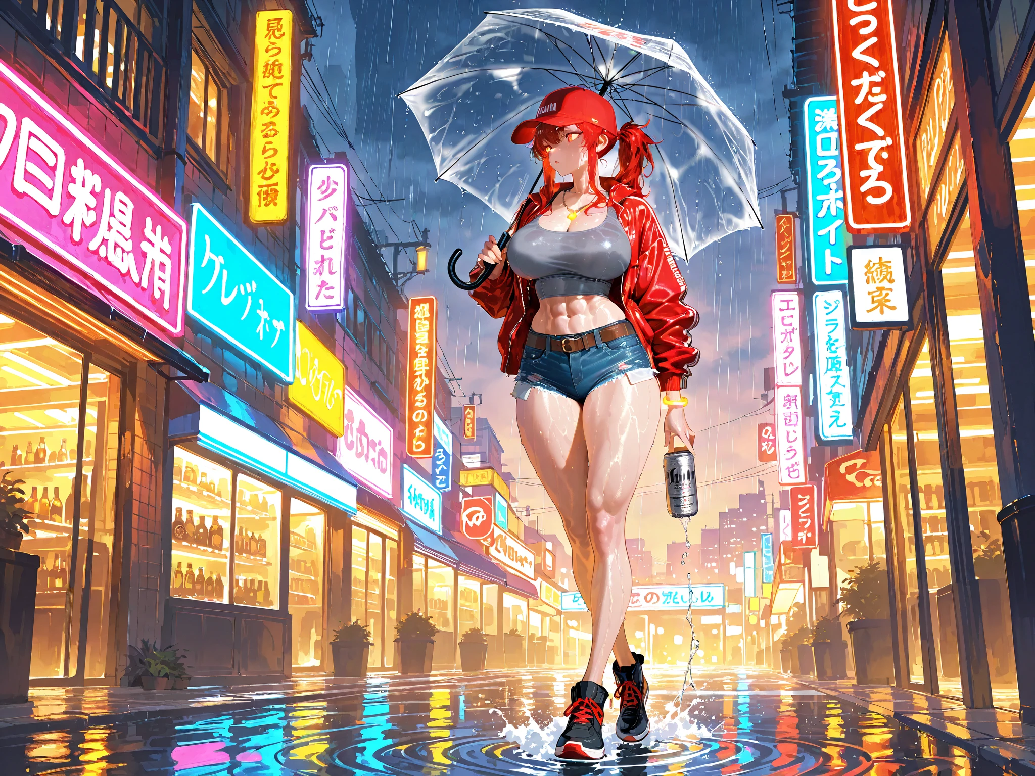 （Enrich the picture，Masterpiece level quality）Beautiful 8K CG artwork,1girl,solo,detailed face, perfect face, perfect eyes,blue eyes,Long Hair, pony tail,Very long hair,grey hair,chuckle,Slim and soft,big breasts,Black Bikini,denim short shorts,open shorts,oversized white fur coat,white coat,(((((hands in pocket,)))))combat boots,outdoors,night,neon lights,