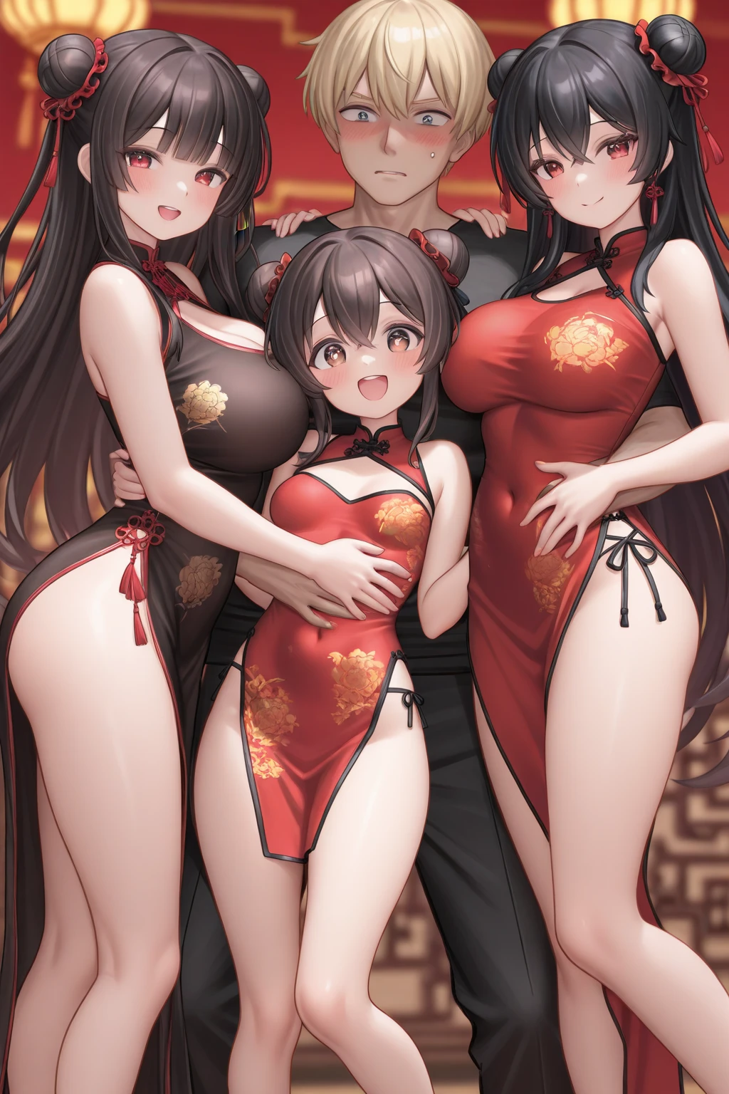 (highest quality:1.4)、High resolution、Detailed Background、(Beautiful face in every detail:1.4)、Anatomically correct、(Draw the usual number of fingers:1.2)、(Detailed facial expressions)、Realistic、beautiful, Smooth skin、Teenage Beauty、(Huge breasts:1.3)、Perfect body line、attractive thick thighs、Black Hair、Show off your attractive underarms、Accentuate your breasts、Accentuate your cleavage、Elegant atmosphere、Well-groomed eyebrows、Well-groomed eyebrows balance the entire face、Excited、(Underboob:1.3)、Lace panties、No bra、Smiling、Blushing、sexual expression、cute、indoor、Cowboy Shot、(Two beautiful girls showed me their panties:1.5)、
A shiny Chinese dress that fits the body line、Design with slits and revealing chest、
Dark colors such as red and black、It would be best to wear high heels、Strap and ribbon design、Pearl and metal accessories、
An updo is recommended to accentuate the design of the Chinese dress.、
Add some simple hair pins or accessories to make it even more gorgeous.、
If you have long hair, a sexy wavy hairstyle is also a good choice.、
To enhance the sexiness of a Chinese dress, it is a good idea to wear red lipstick.、
A darker red colour will give you a more sexy look.、cute