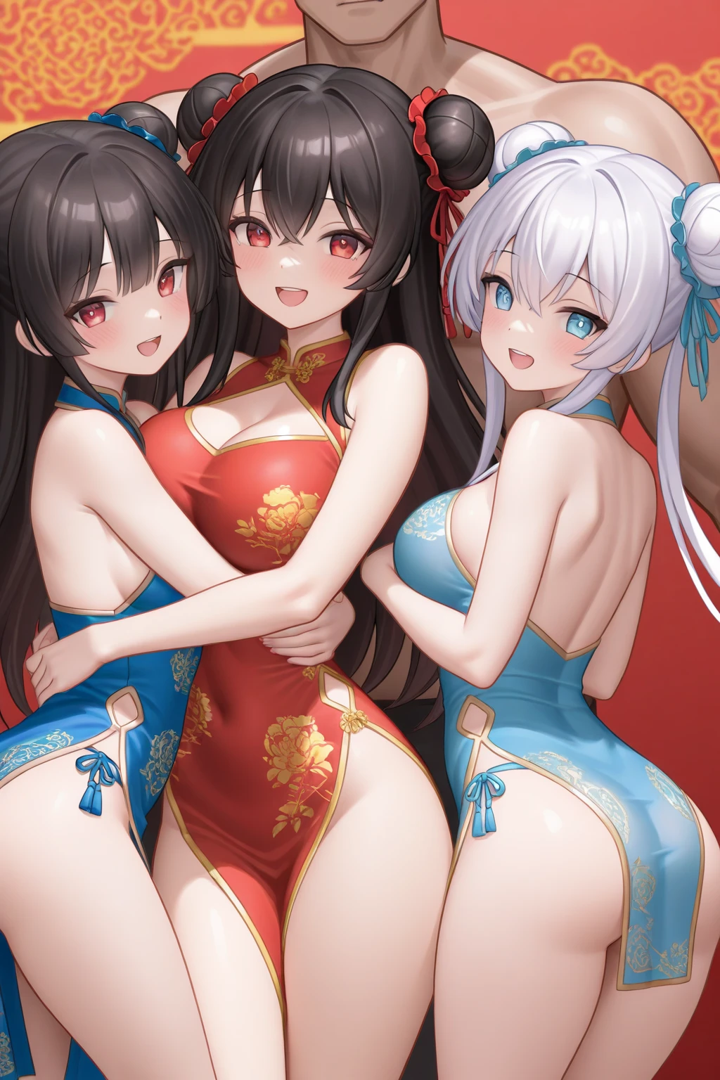 (cute eyes:1.2), (sparkling eyes:1.2), highest quality,wonderful,finely,extremely detailed CG Unity 8K wallpaper, (Stand in line:1.2), (3 girls, (red short cheongsam dress:1.3), golden pattern cheongsam), clothed), (glamorous:1.3), (huge breasts), (open mouth:1.1), (long tongue:1.1), (mouth drool:1.1), (Black knee socks:1.1),(Thighs:1.3),(Waistline:1.2),(midriff peek:1.2)