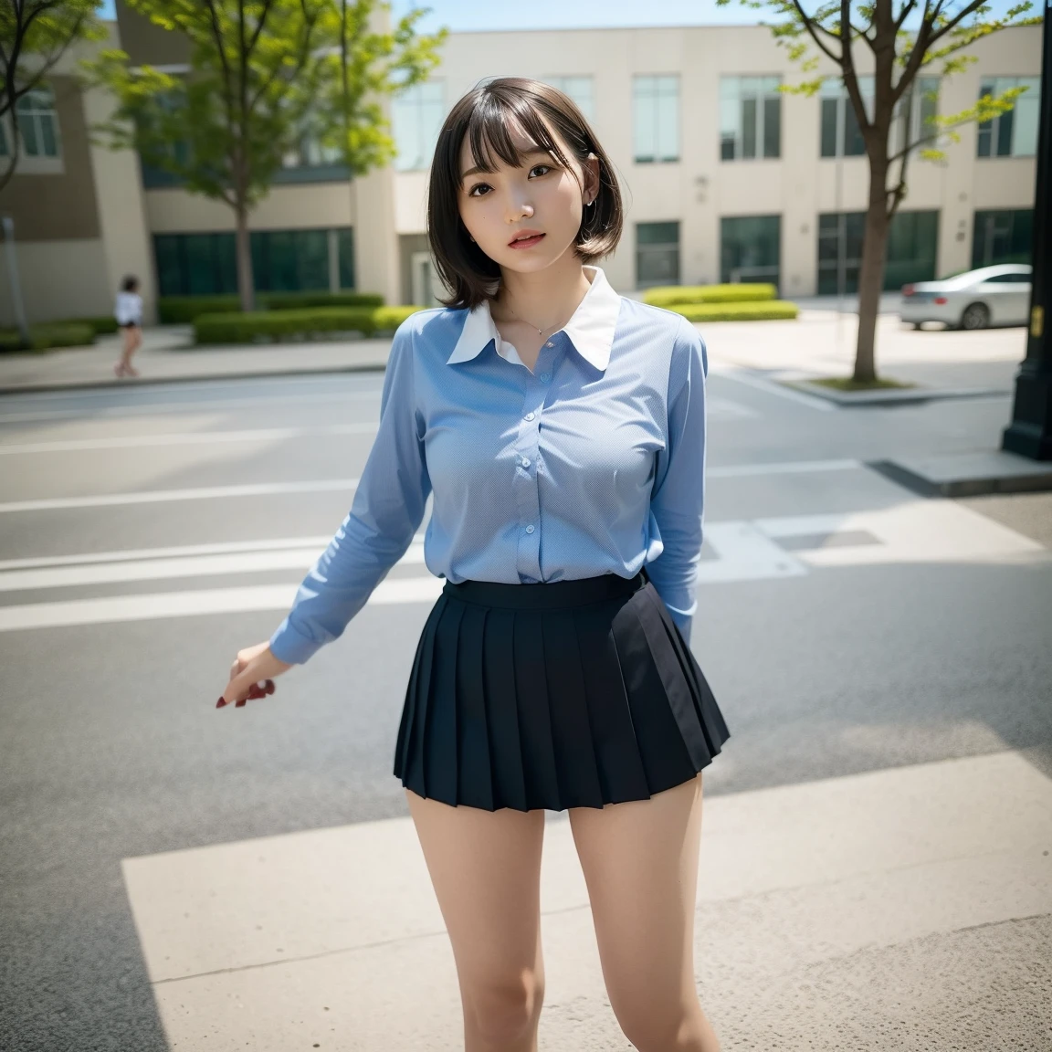 ((Best Quality, 8k, Masterpiece: 1.3)), Pretty Women with Perfect Figure: 1.4, (Big: 1.2), Highly Detailed Face and Skin Texture, Detailed Eyes, Teachers, Tight Polo Shirt, Mini Skirt, (Pose at School: 1.2), 1girl, Cinematic, Full Body, Japan Goddess, Short Hair, Smile, There Are Pupils, People Are Being Watched, Open Legs