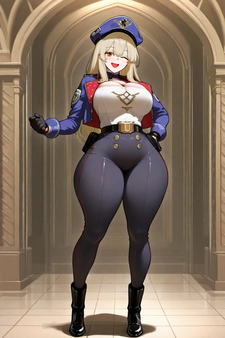 sfw, MiraKamiunten, streaked hair, earrings, military hat, white gloves, huge breast, cleavage, purple jacket, red belt, spiked collar, epaulettes, leotard (masterpiece, highest quality, best quality, official art, beautiful and aesthetic: 1.2), (1girl), extremely detailed, (fractal art: 1.3), colorful, highest detailed, perfect face, HDR, bright colors, huge breasts, detailed face, detailed eyes, perfect face, perfect eyes, (full body),