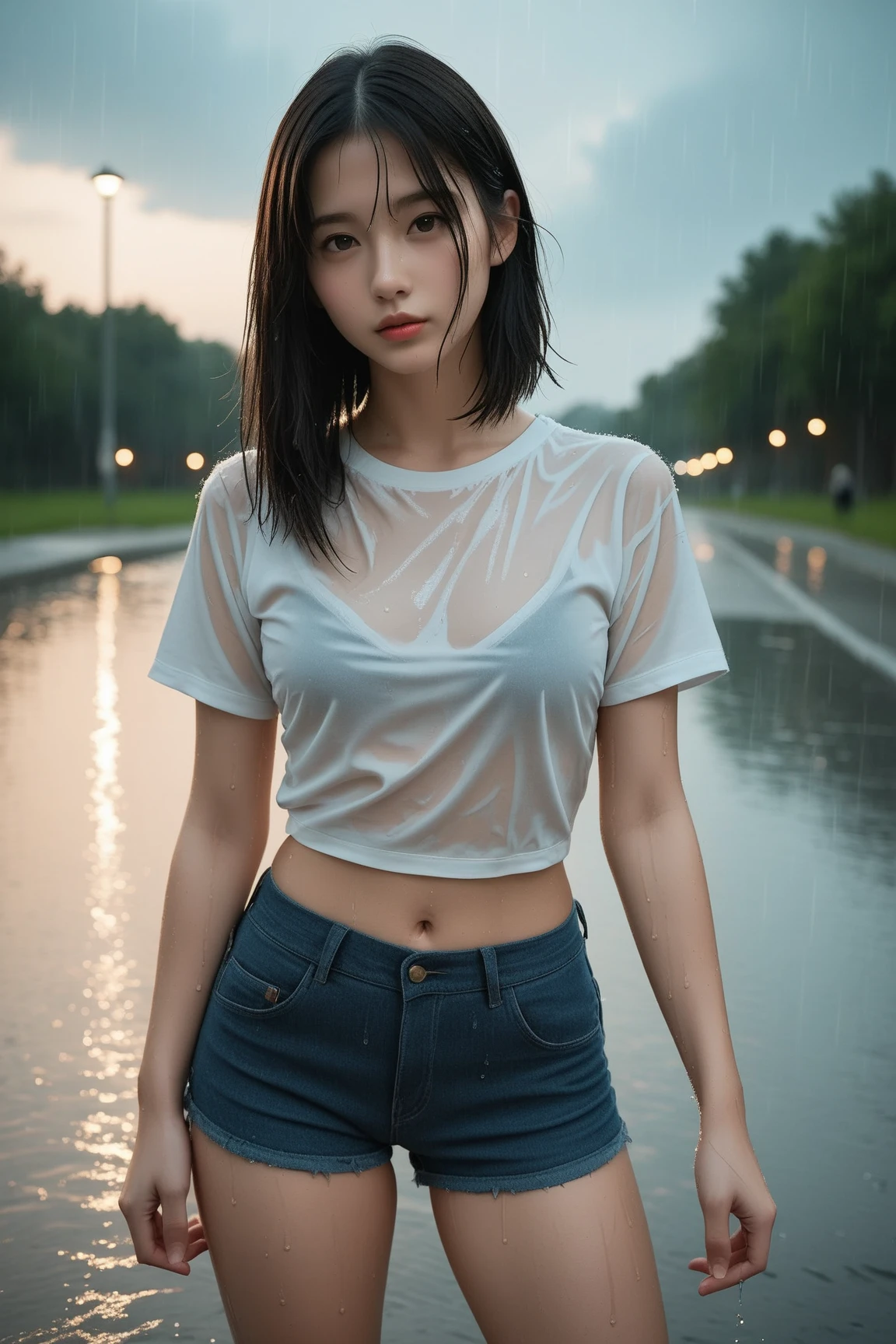 best image quality, masterpiece, super high resolution, (fidelity: 1.4), photo, 1 girl, sexy, torn white shirt, torn jeans, white sneakers, dim, dark, despair, pity, poor, movie, tears, teardrops, (torn clothes: 1.5), (wet clothes: 1.4), bare shoulders, real rain, wet hair, realistic