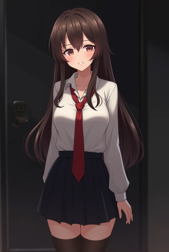 1girl ,20s,mature female,angry,white shirt,short sleeves,(black standard tie),black school skirt,red hair,long hair,fox ears,(classroom),cowboy shot