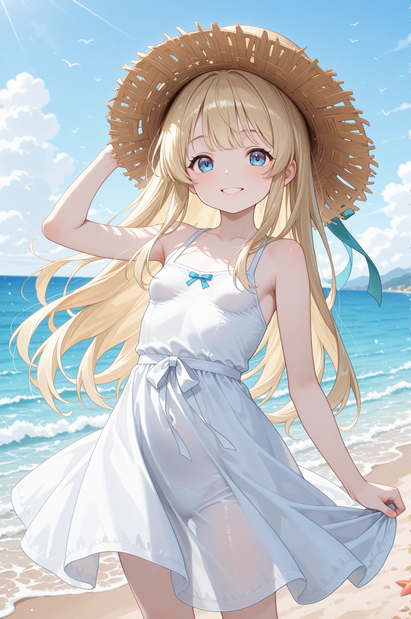 (masterpiece, best quality, detailed), 1girl, solo, looking at viewer, defCynthia, very long hair, hair over one eye, hair ornament,
sundress, sun hat, white dress, outdoors, beach, ocean, blue sky, horizon, day, wading, splashing, smile, open mouth, happy