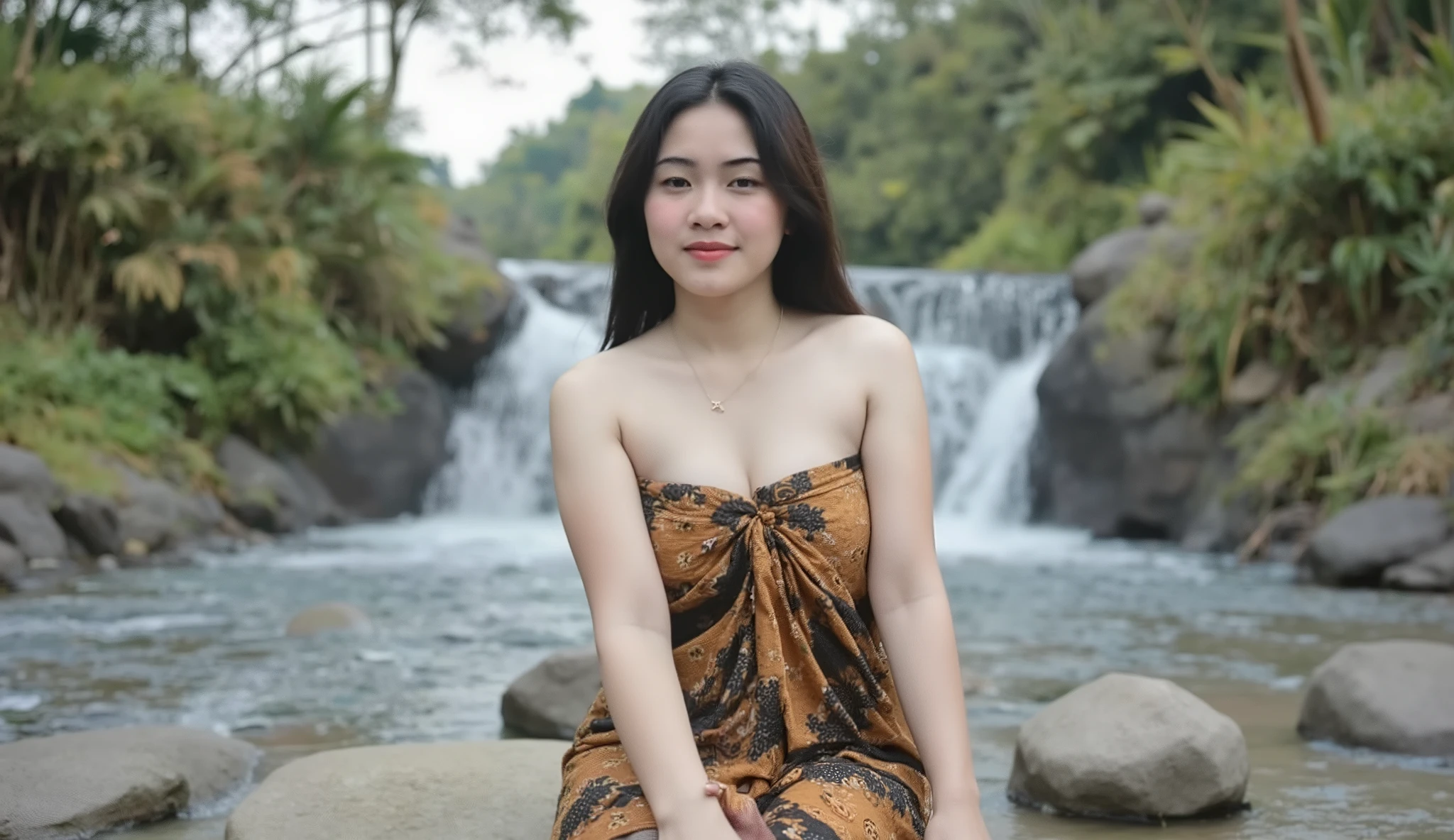 (( Extreme Wide Shot , cowboy shot , Deep Focus , Eye Level Shot )), Realisme , korean women, edge of light , edge of light , tepi cahaya, natural lighting, sun , volumetrik Lighting, volumetrik Light, volumetrik, ((high quality:1.2, mahakarya:1.2)), Does not make sense, detail, ( 8k res olution), 8k, 8kres , 8k res , high detail, detailed and complicated, intricate detail, high intricate detail, Absurd Amount of Details, ((looking at the viewer)), upper body, face detail, 1 gadis , big , open chest , out, , telanjang, Solo, fashiongirl , young girl, pink nipples, lucu , sweet , vagina ((whole body)) looking away from connoisseurs, closeup , misty , fog , woman crouched on river rocks at waterfall