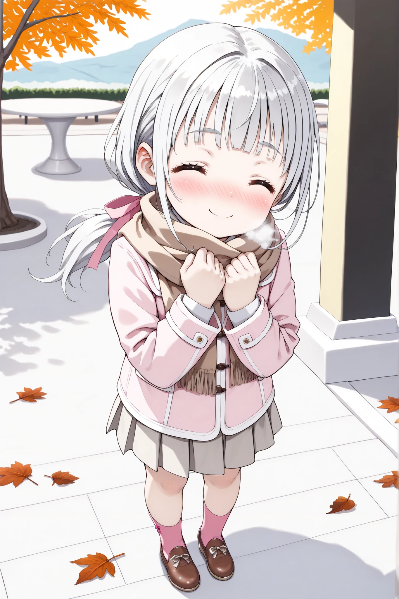 (a high quality digital drawing), (finely detailed), ((perfect anatomy)), (vibrant colors), (clear and sharp lines), 1girl, ((safe for work)), ((child)),
break,
((small round face)), ((closed eyes)), ((fair skin)), ((closed mouth)),
break,
((long silver hair)), ((low ponytail tied with pink ribbon)) ((smooth bangs)),
break,
((detailed pink jacket)), ((brown scarf)), ((long gray skirt)), ((pink socks)), ((brown shoes)),
break
((clutching scarf)), ((beautiful smile)), ((nose blush)), ((cold breath)), ((dead leaves)), ((detailed japanese park))