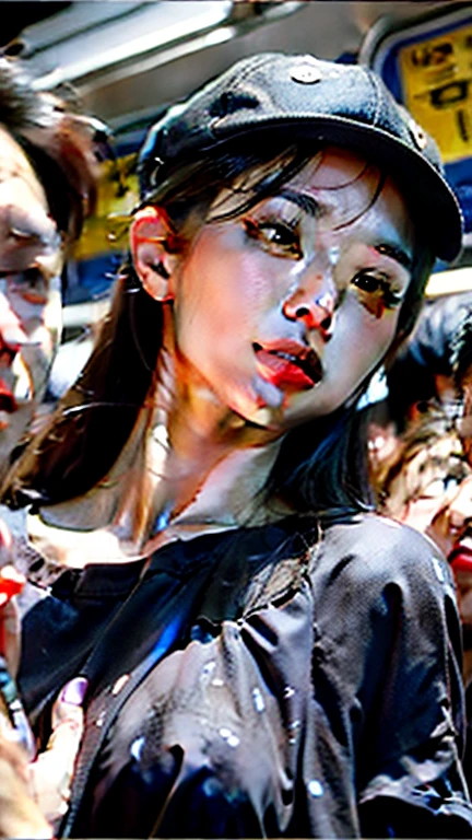 1 girl, handsome girl, black hair, comma hair, forehead comma hair, korean hair, street style, purple hoodie, shiny, red eyes, looking at the viewer, Upper body, embarrassed face