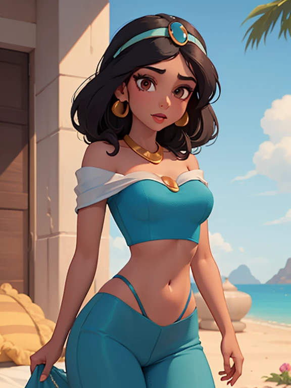 Cartoonized, Jasmine, Disney Princess, black hair, midriff top, solo, detailed, high quality, 4K, athletic figure, 34B breasts, sultry expression, exotic marketplace background with colorful fabrics, intricate architecture, and bustling crowds, warm colors, cleavage visible, nipples slightly visible, живой и правильный и симметричный взгляд