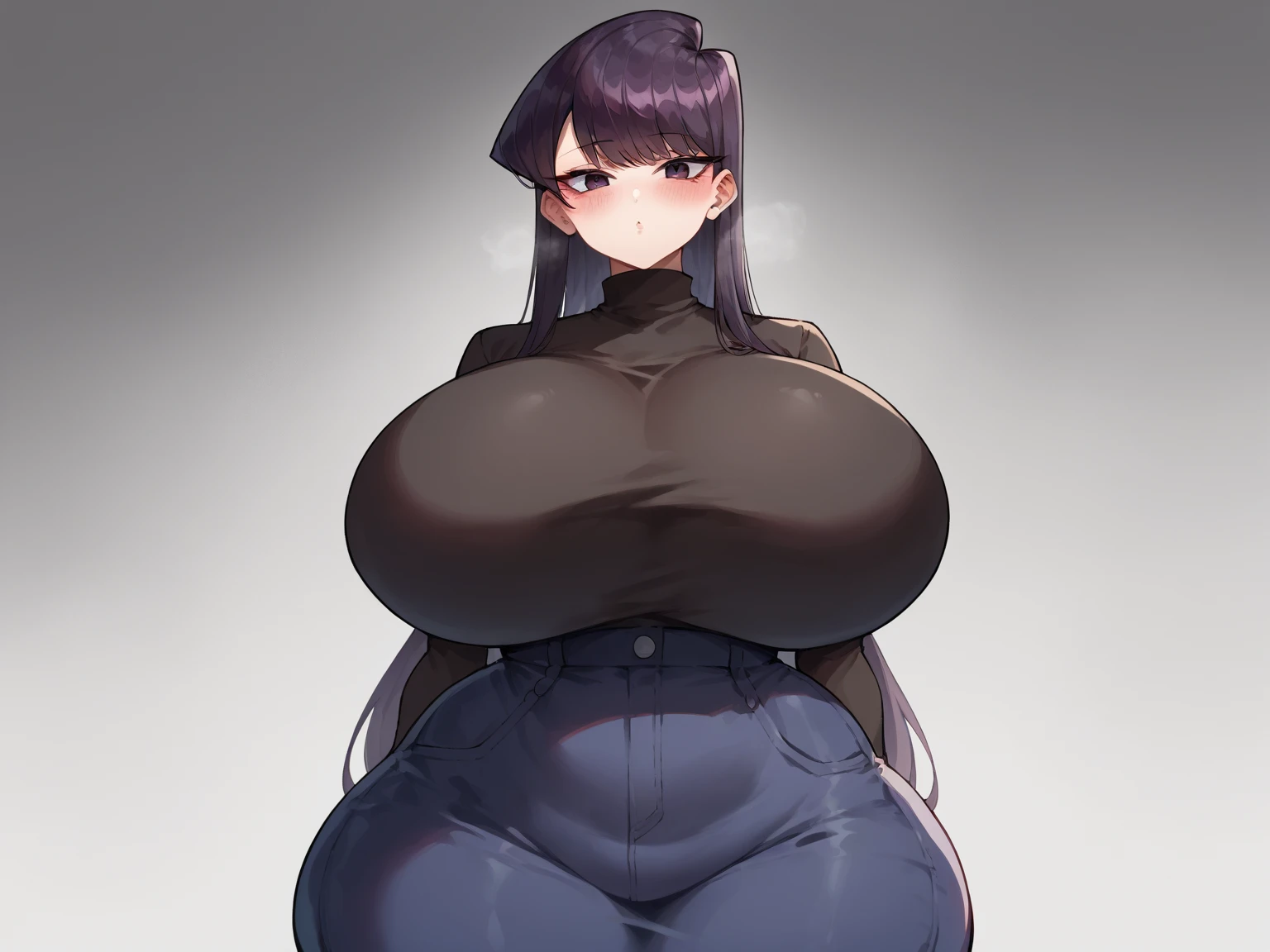 36 year old anime woman with a super curvy and busty body standing at 10’8” with a flirty look on her face, she wears a white t-shirt and a heavy grey jacket, black sweatpants, she’s barefoot, and she has long curly hair