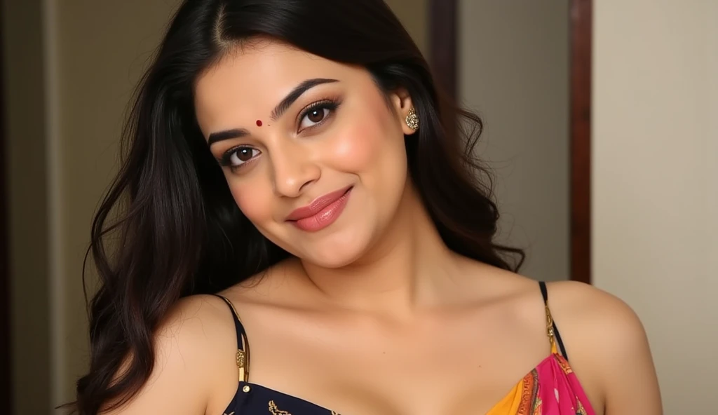 from top view, extreme close up photo of cute sexy indian, actress sonali, big cheeks, hourglass figure, swooping breasts, seducing on mountains, French braid hair, necklace, sultry, seductive eyes, look at viewer and subtle smile,bikini, (realistic:1.3), intricate details,