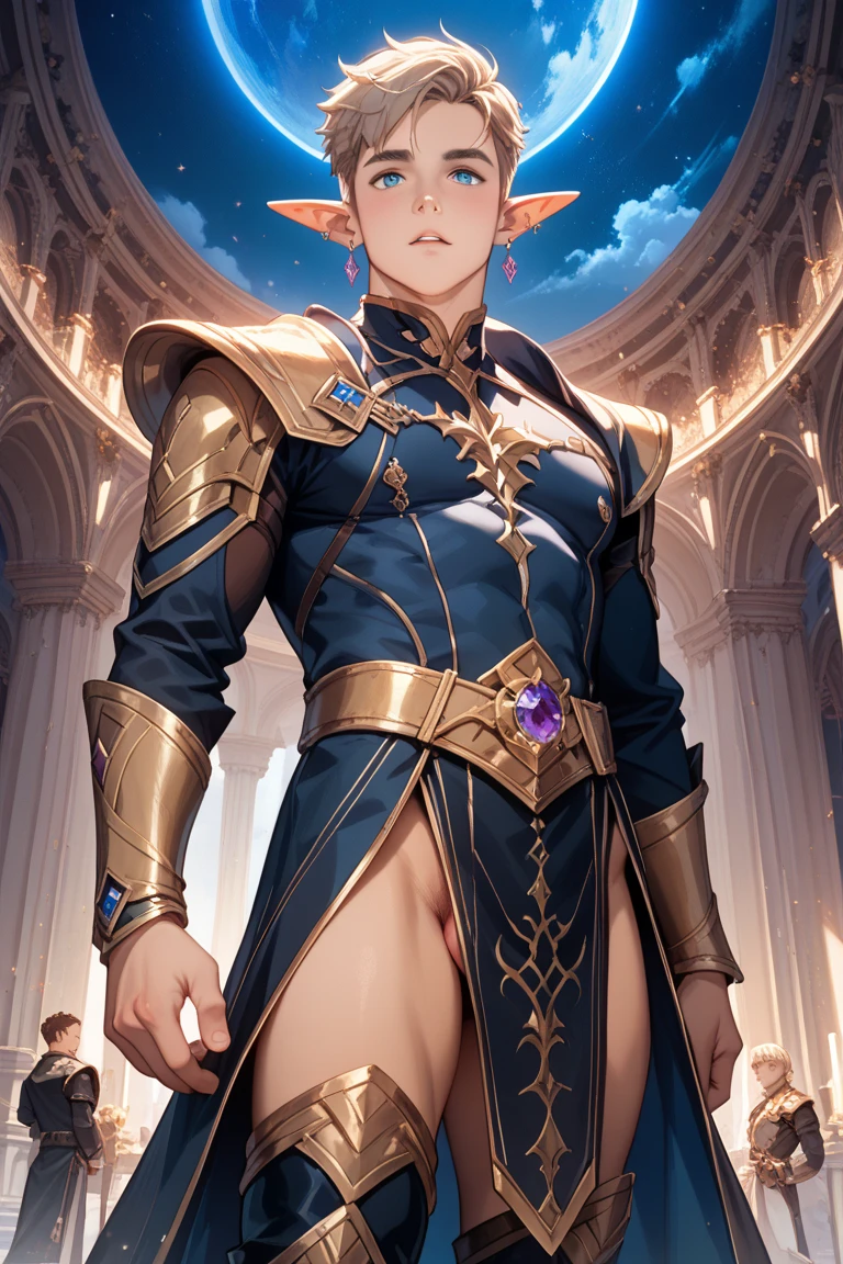 NSFW, ((masterpiece)), ((Best Quality)), ((extremely delicate and beautiful)), ((Completely and perfect body)), (Perfect and delicate 2 hands with 5 fingers),
((In the church of evil at night)), (((One beautiful and handsome adult man with blonde hair and crimson red eyes is evil demon))), (((He is standing proudly with hands on hip and showing off his big erected large penis hard))), (evil magic circle that shines ominously purple), He is wearing a white cloak, He wears a black choker that glitters ominously, (empty eyes, drooling, sexually aroused and ecstatic smile), open mouth, (Blush with aroused), well-muscled, flat chest, He has a glowing heart-shaped magic circle tattoo on the center of his chest, His body has no pubic hair at all, Focus on character, adult man