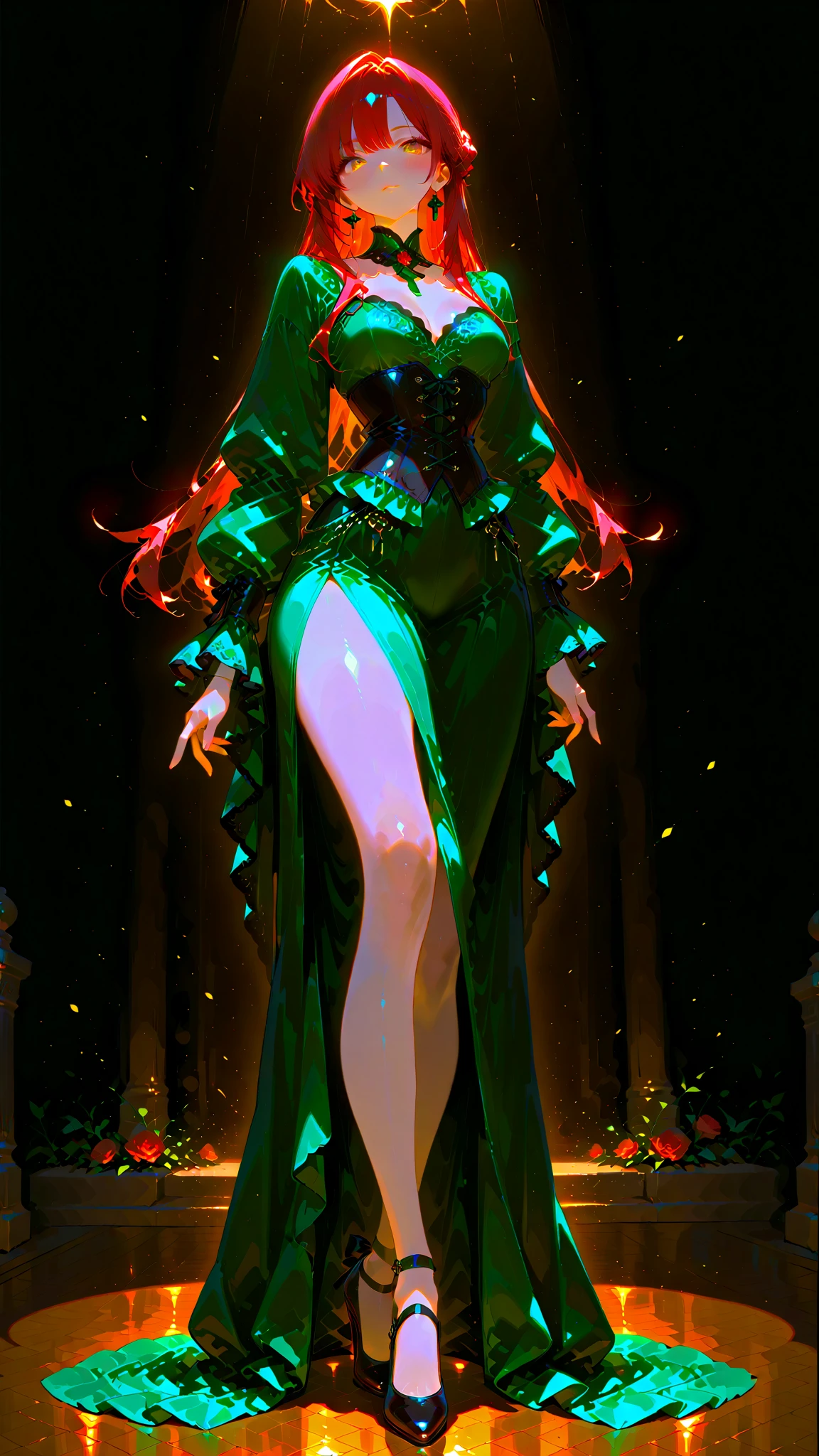 (masterpiece, best_quality, ultra-detailed, immaculate:1.3), epic, illustration, 1girl, (full body:1.5), villainess, (flowing dress:1.3),(very high collar:1.3), claws, japanese, (Glowing Hexagrams,Grand fireplace with eerie green flames:1.3),On a beach under a stormy sky, waves crashing, in a pleasant, crystal laboratory, bombshell hair, goldenrod hair, drill hair, reclining