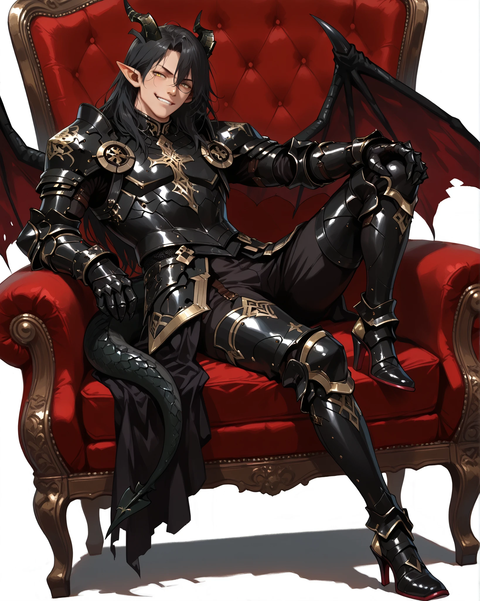 score_9, score_8_up, score_7_up, absurdres, (((128K Ultra High Resolution))), (masterpiece, best quality: 1. 5), (high definition: 1, 4), (highres), 8K wallpaper, (excellent graphics: 1. 5), CG, (((Japanese Anime style))), (1 male), solo, ((lean body, masculine)), weredragon, glossy black, shiny black leather, ((beautiful golden eyes, finely detailed eyes, bright eyes, slit pupils)), hair between eyes, black hair, long hair, sideburns, wild hair, (sly grin, sinister grin, smirk), teeth, confident, ((ultra detailed face)), shiny skin, long pointy ears, twisted torso, long-legged, sculpted face, wasp waist, dragon horn, dragon tail, dragon wings, dragon sharp claws, (black armor with a lot of grandiose decorations: 1. 5), half dragon half human, (sit cross-legged, closed legs, sit sideways, luxury antique red plush velvet chair: 1. 5), (dramatic angle, dynamic pose: 1. 5), (ultra detailed black armor, well-polished black armor: 1. 5), (gold-adorned armor: 1. 5), all black outfit, full body, emphasize face, sharp focus, good-looking man, (best illustration, highly detailed artwork: 1. 5), (cinematic), dramatic lighting, (intricate detail, extreme detailed, super detailed: 1. 5), chiseled features, (stark contrast, heavy shadows: 1. 3), detailed black decorations, beautiful & aesthetic, photoreal, (from side), (mysteriously crafted black metal armor: 1. 5), thick & luxuriant hair, (ultra detailed fantasy black armor, wonderful black armor: 1. 5), (realistic metal texture), broad shoulder, true-to-life visuals, artistically refined, (extremely delicate & beautiful armor, elaborate armor details: 1. 5), (giant black armor, dark armor, stylized armor: 1, 5), (((armor-type high heels))), (extremely detailed armor with intricate engravings, intricate armor with gold ornaments: 1. 5), ((very gorgeous and dazzling)), (dark fantasy black knight: 1. 5), slim waistlines, wide chested, sinewy body, (Hyper Detailed & Perfectly Designed Black Armor: 1. 5), (simple white background)