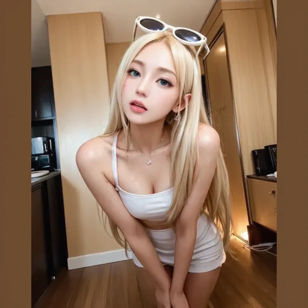1girl, (Blue Eyes), (smiling :1.2), (Sana Minatozaki), (Medium Shot :1.3), MS. (beautiful makeup :1.2), wide hips, Big tits, big ass, (Best Quality, 8k, Masterpiece: 1.3), Clear Focus: 1.2, Perfect Body Beauty: 1.4, Highly detailed face and skin texture, detailed eyes, double eyelids, (oiled body :1.4), (blond long hair whit bangs :1.2), (black micro bikini :1.3), string bikini, high stocking, standing, look back, view from back :1.2, in a hotel room