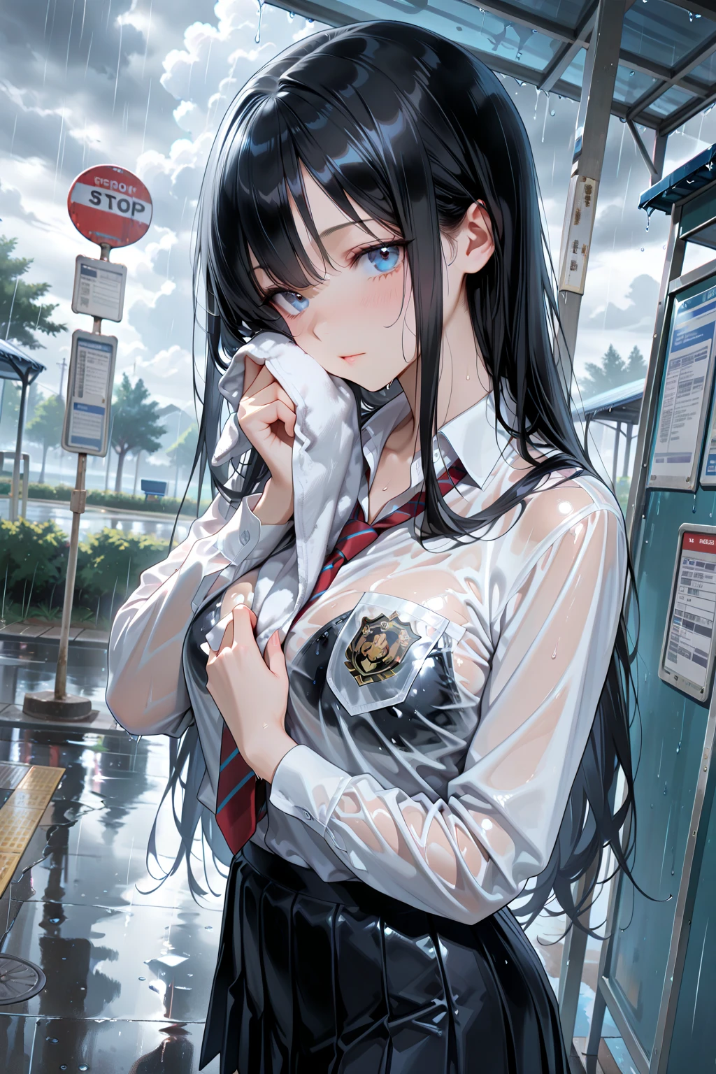 wet woman、tall、Black long-haired、天気rain、shirt、Windstorm、transparent、rain