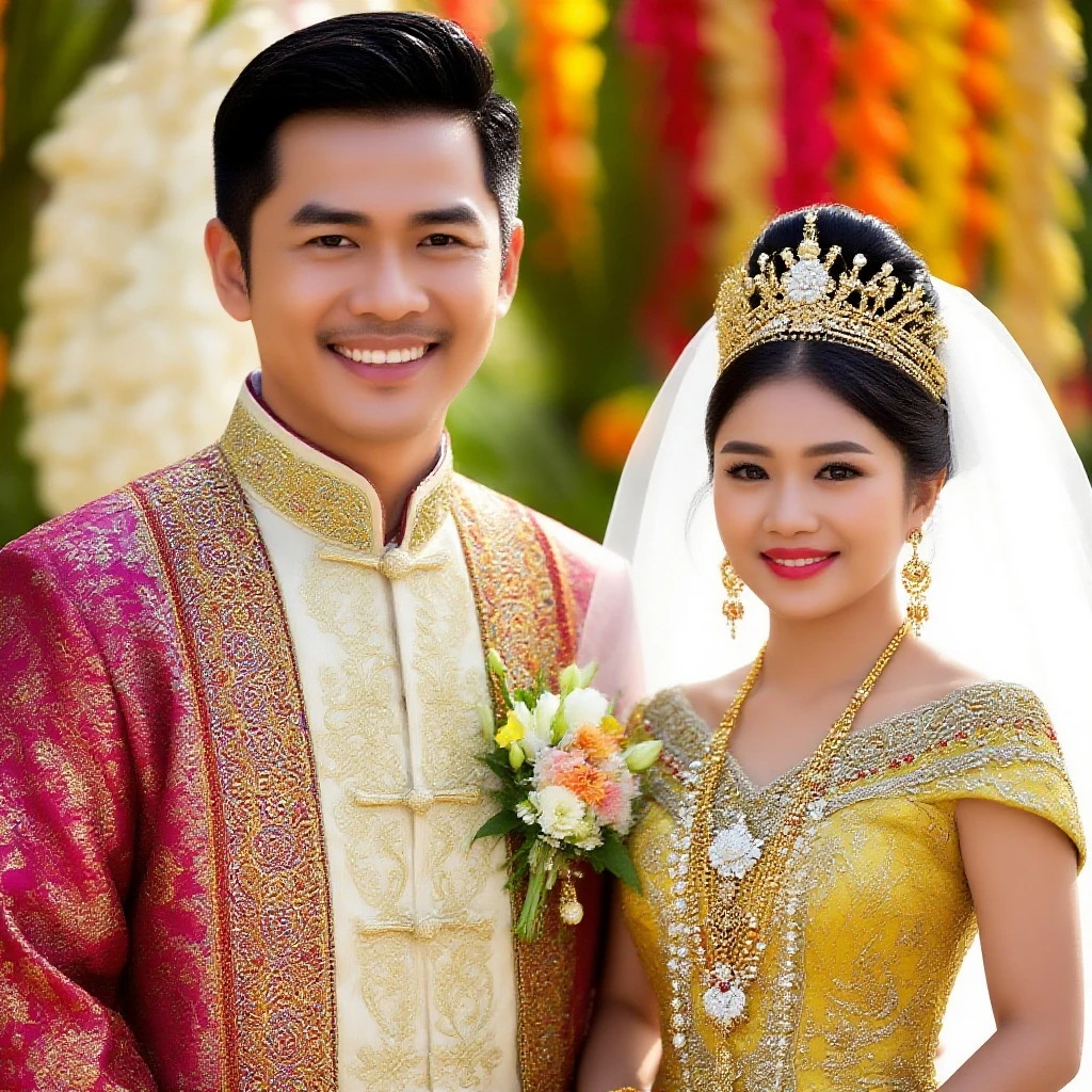 Realistic of filipino muslim couple wedding and wearing a wedding ,hijab costume the background is dessert and tree.