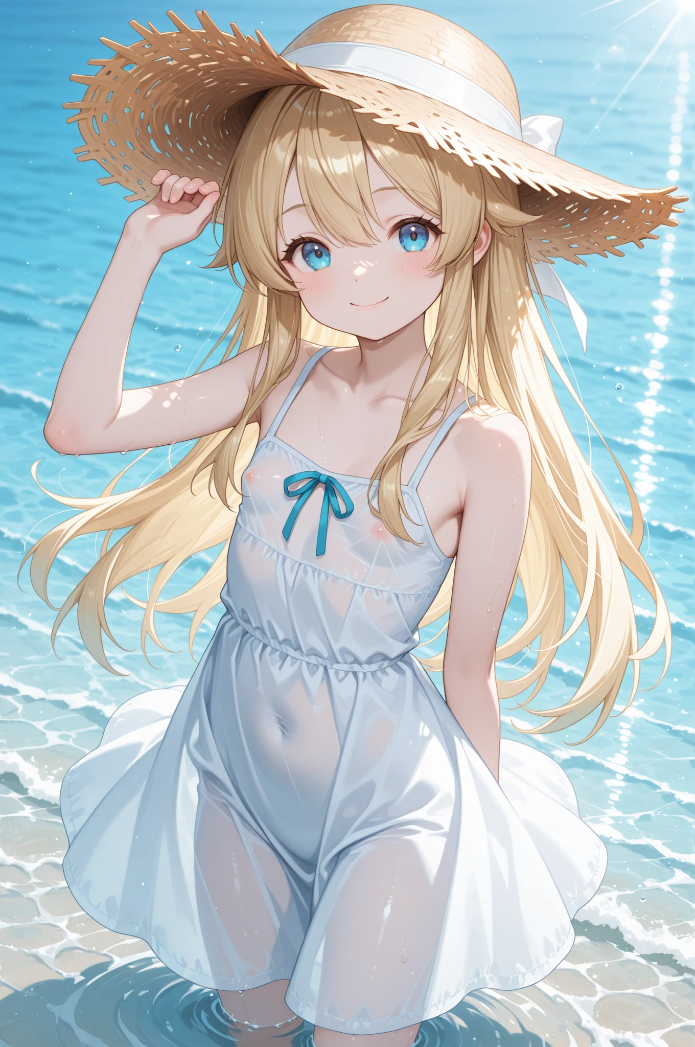 Random patterned swimsuit、,Random patterned swimsuit,Blushing、Semi-long hair、pale chestnut hair、Pale brown eyes、Head to toe full body、Blushing、Embarrassed look、Composition from the front、A view from slightly below、school swimwear、Acme Face、Random pose、, 、nsfw、Highest quality、1 girl、solo、Ocean、Sandy Beach、Sexy pose、Random pose、Blushing、wet、Embarrassed、I can see half of my 、、One piece swimsuit、(Strap slip:1.3)、