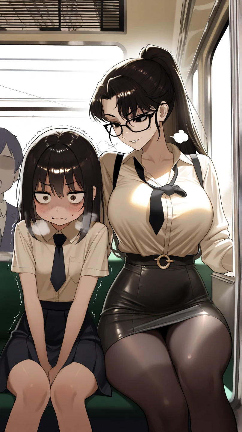 summer、in the train、thick、Sweat、、high school girl、summer服のセーラー服、、Low length、(((((Eyes hidden by long bangs)))))、(((Long black hair:1.2 hair band)))(((Black-rimmed glasses:1.2 black eye)))、Strong sunlight、thicksummerの昼間、Crowded train、Look at this、Front view、Full Body Shot、Lift your shirt、your 、Beautiful breasts、Touching from behind 1, (((small, An older man presses his chest against a younger woman's back))) and (((Grab her waist)))、Nipple massage、She looks 、(Big Breasts)、old man talking in ear、Surrounded by a large number of middle-aged men、Orgy、Sweatだく