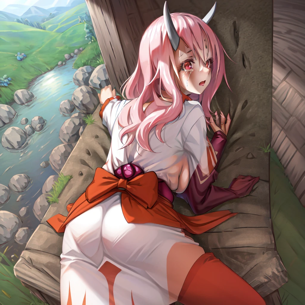 masterpiece, best quality, high_resolution, fine details, very detailed and beautiful, distinct_image, 1 girl, solo, hot spring, blush, pink hair, horns, off shoulder, wrist scrunchie, pussy outline
