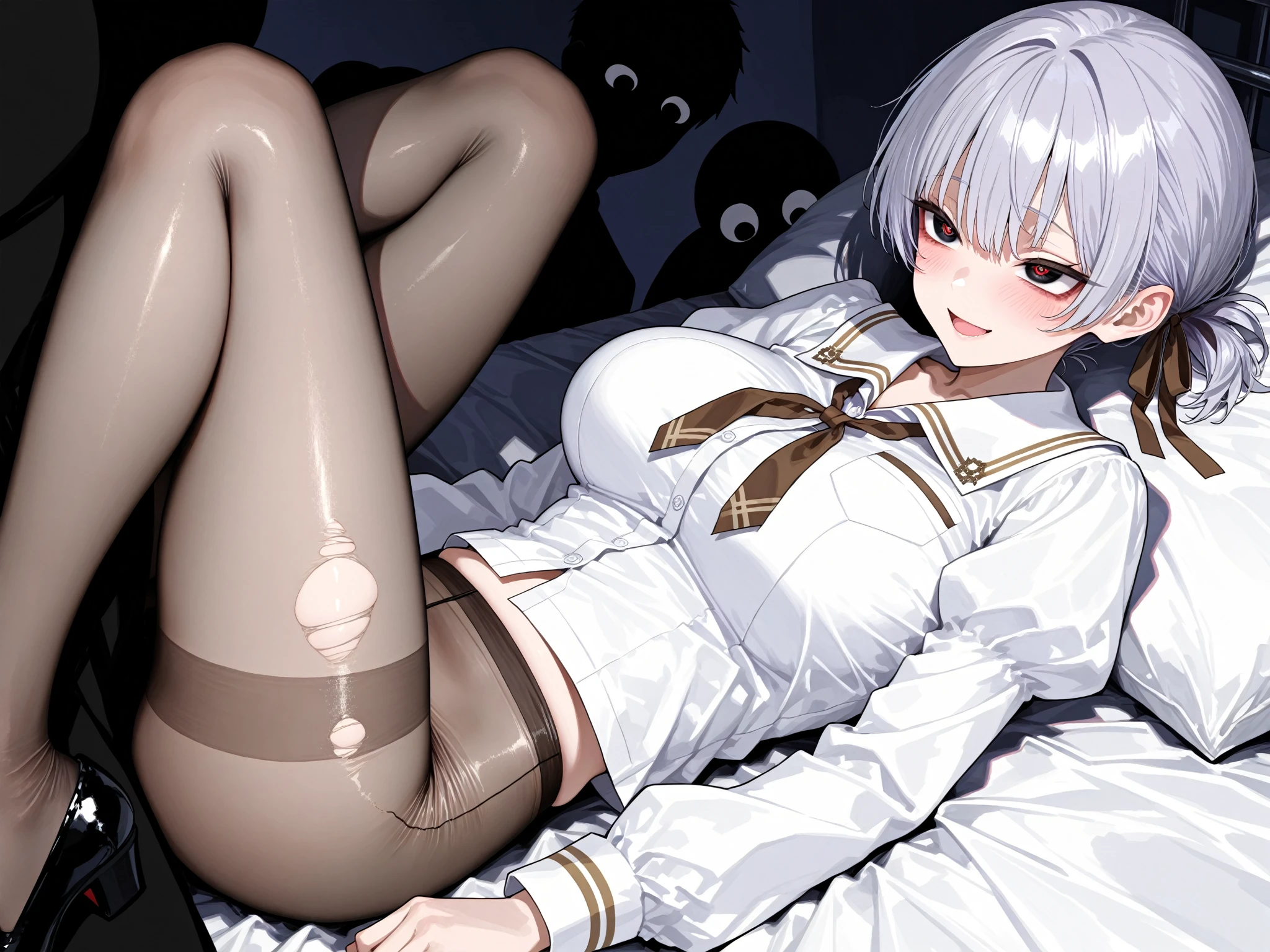 (masterpiece, highest quality:1.2), One Girl,(Transparent black pantyhose:1.2),blush, (Bukkake:1.2),Sweaty,(太ももにBukkake:1.2),Love Hotel,Leg spread,(Funeral of Frieren,Fern:1.2),(school uniform:1.2)